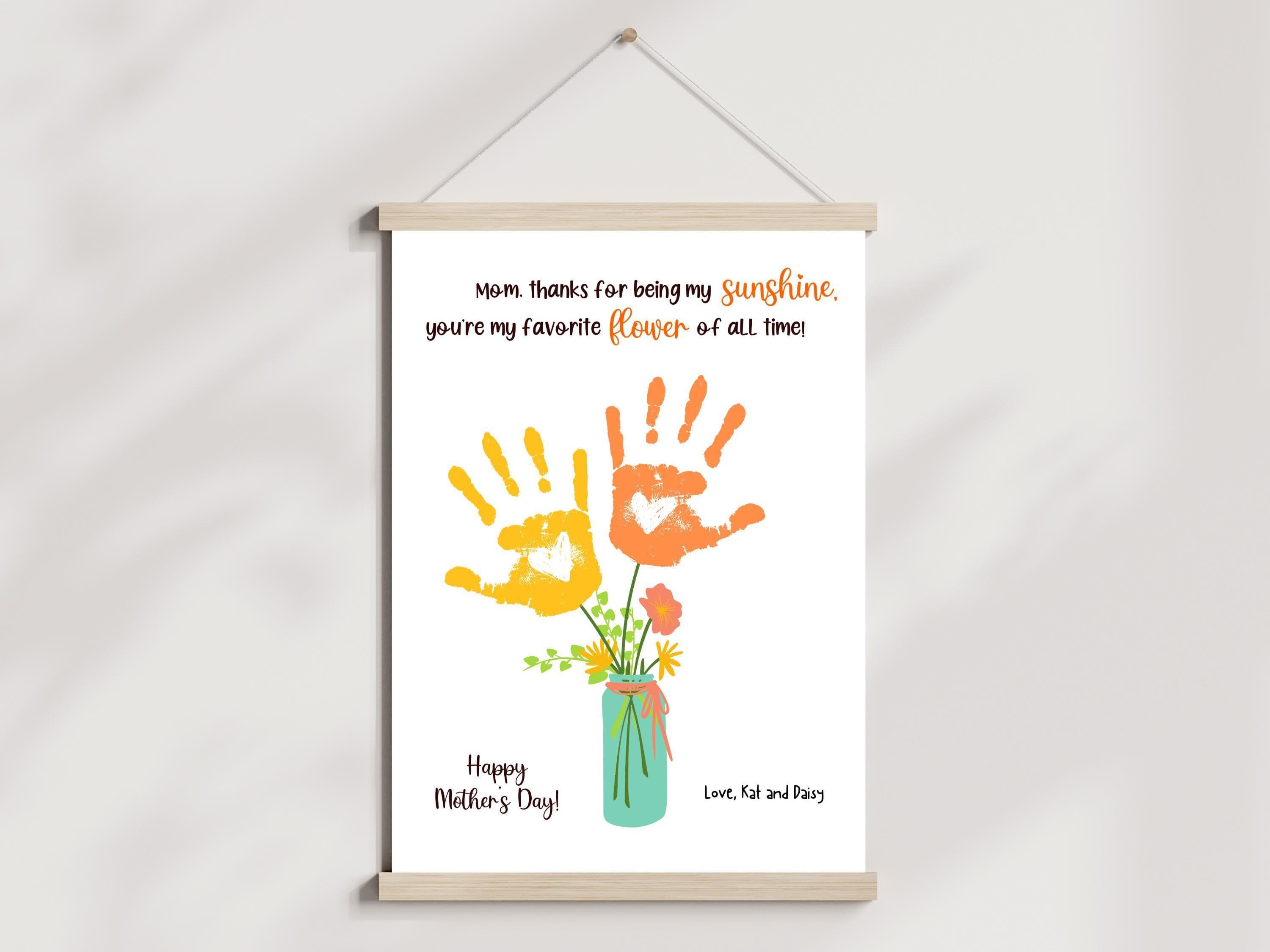 Mom Handprint Flower Craft for Kids Printable, Mothers Day DIY Bouquet Hand Art Activity Birthday Gift from Children Baby Toddler Wall Decor