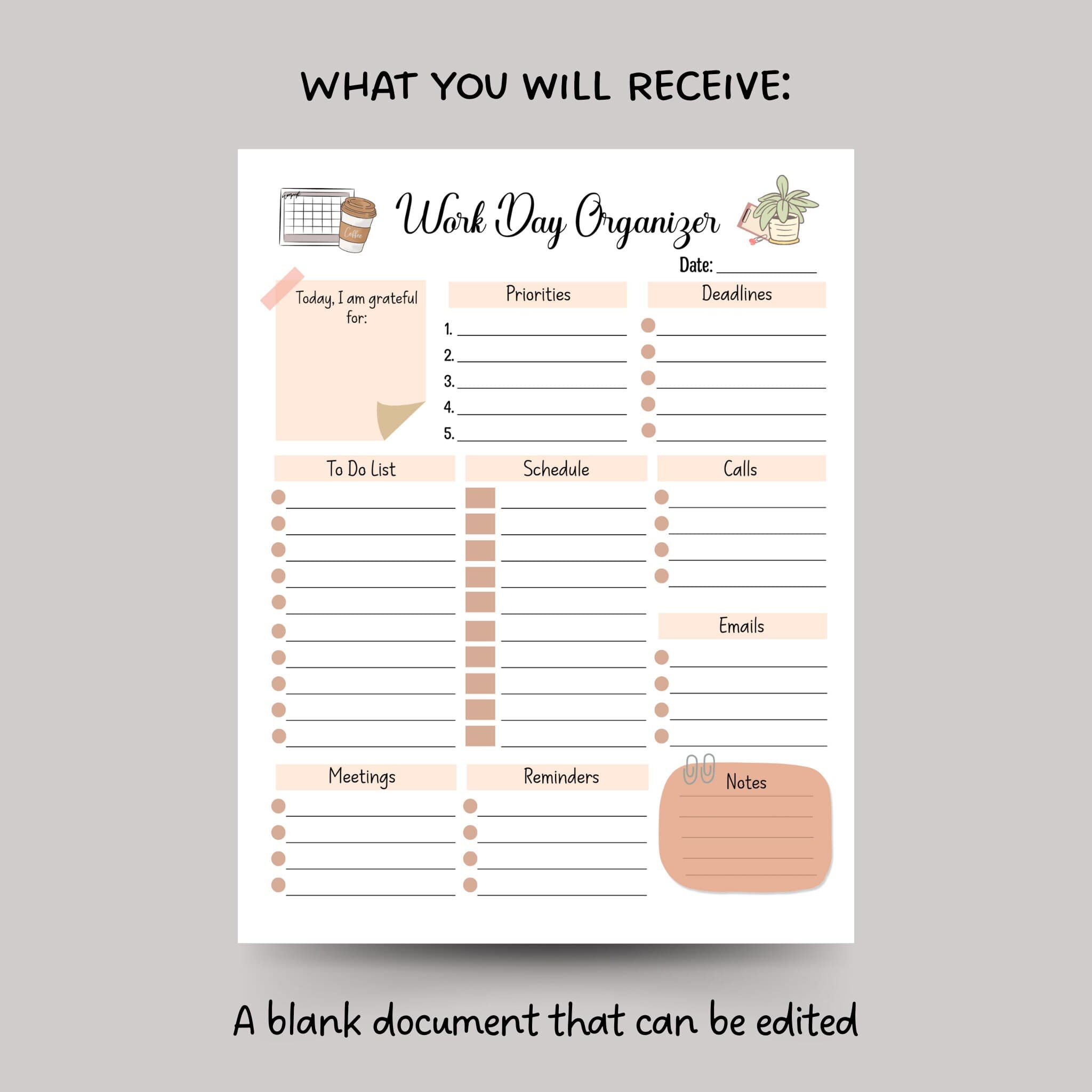 Work Day Organizer Editable Fillable, Printable Work Planner, Daily Planner, To Do List, Digital Productivity Planner, Daily Schedule Work - image 3