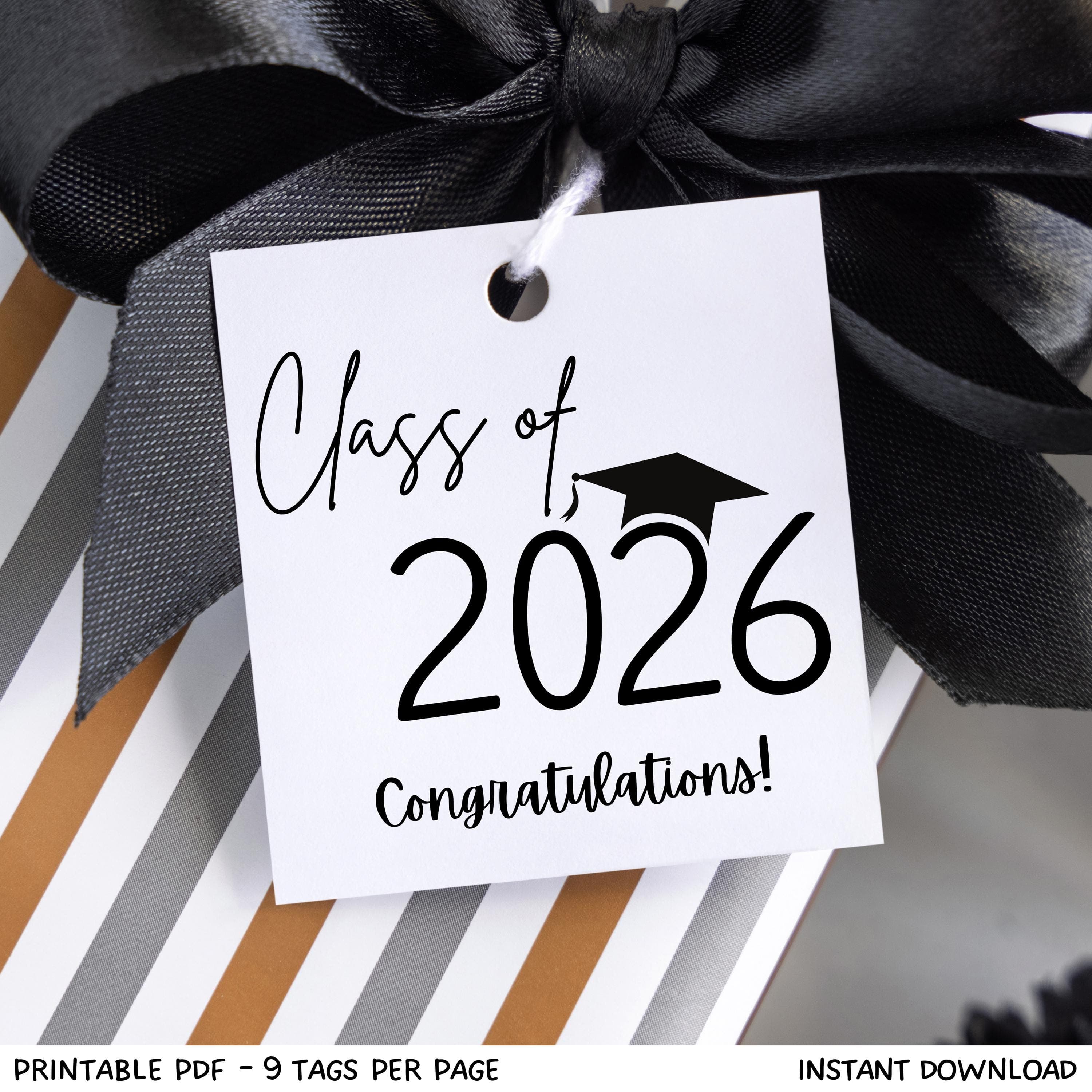 Class of 2026 Graduation Gift Tags Minimalist Printable, Simple Congrats Senior Grad Square Cookie Favor Hang Tag