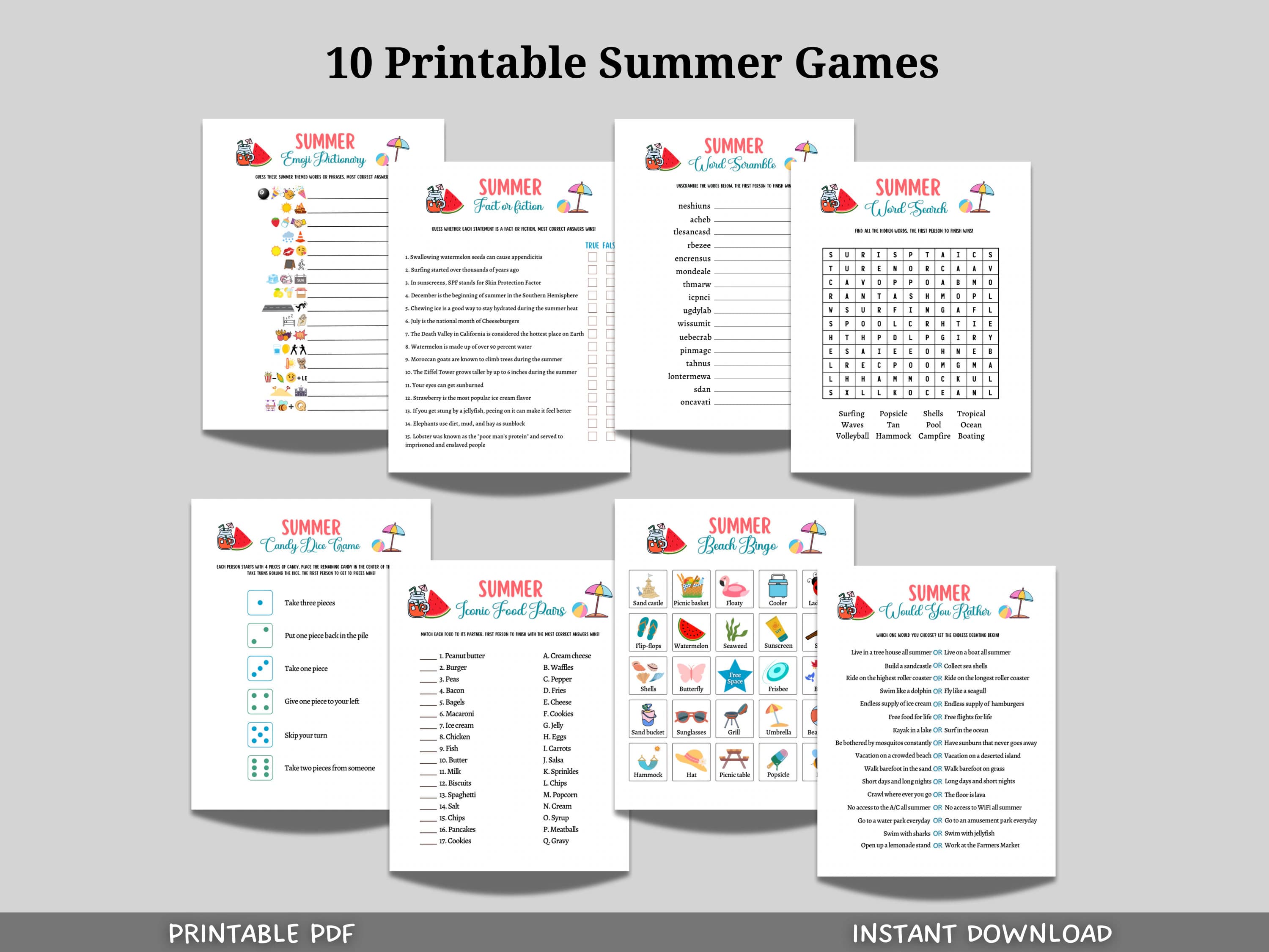 Summer Games Bundle Printable, Summer Camp Activity, Summertime Beach Party Game Adult and Kids, Fun Family Activity, Vacation Travel Trivia