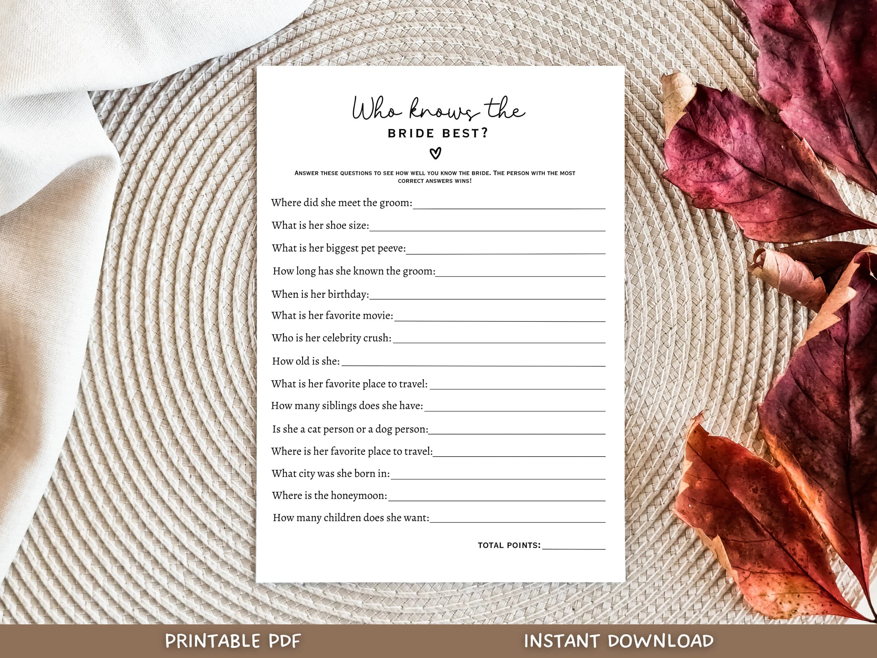 Who Knows The Bride Best Game, Printable Bridal Shower Game, How Well Do You Know The Bride, Wedding Shower Ideas, Minimalist Modern Game