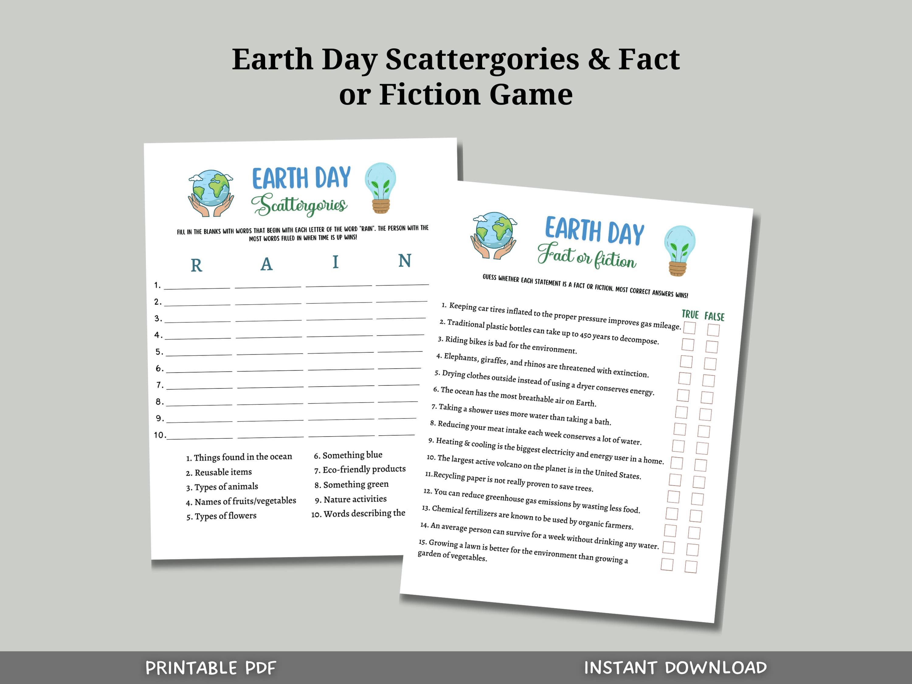 Earth Day Games Printable, Environmental Activity Trivia, Scattergories Party Game for Kids And Adults, Family Game, Classroom Lesson Game