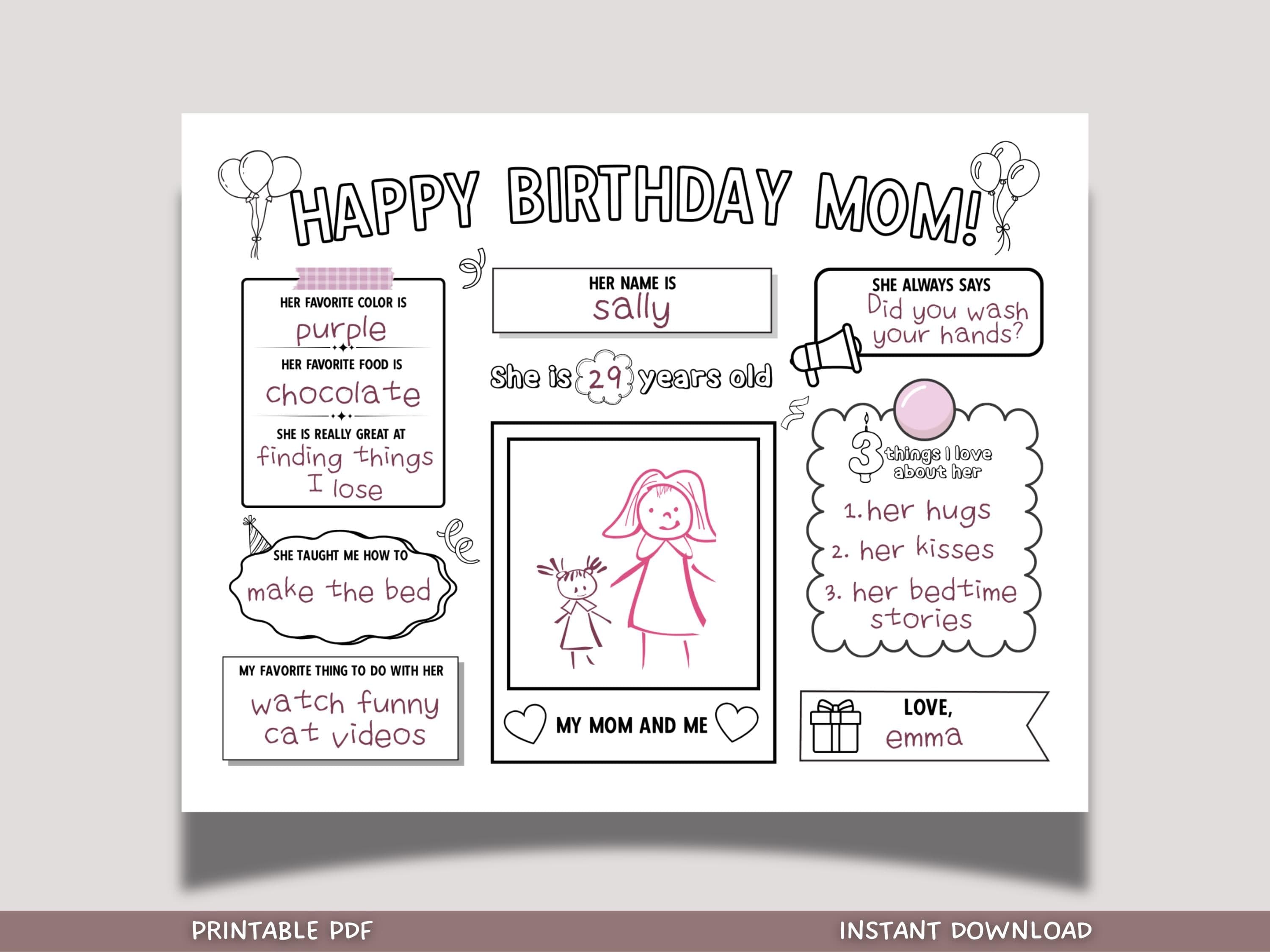 Happy Birthday Mom Coloring Page Printable DIY Personalized Gift from Kids All About Mommy Card Placemat Activity Sheet Mother Questionnaire