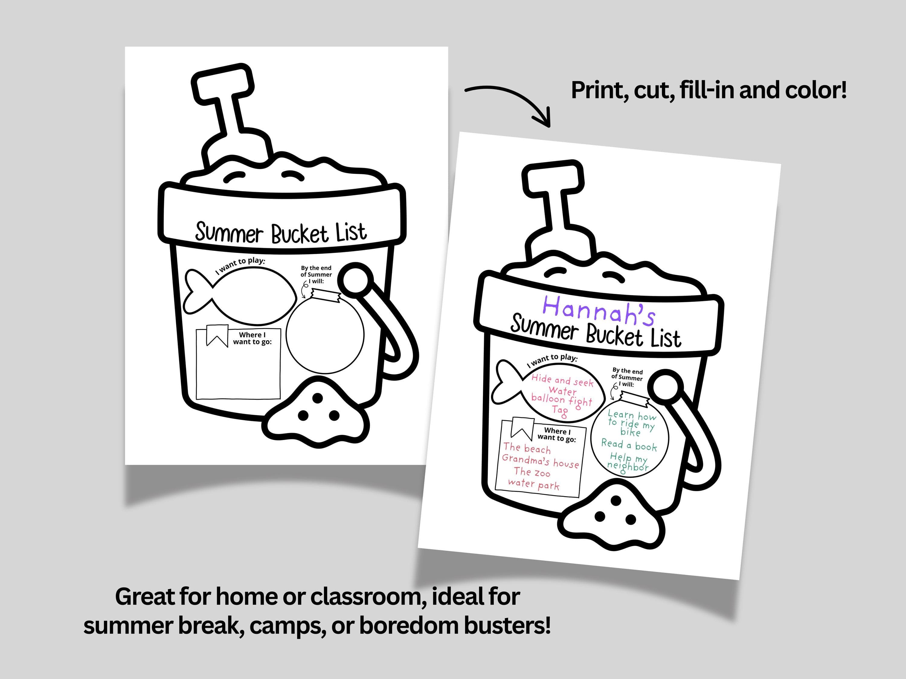 Summer Bucket List Craft for Kids Printable, End of School Year Activity Sand Bucket Coloring page, Fun Ideas for Preschool Camp Homeschool - image 4
