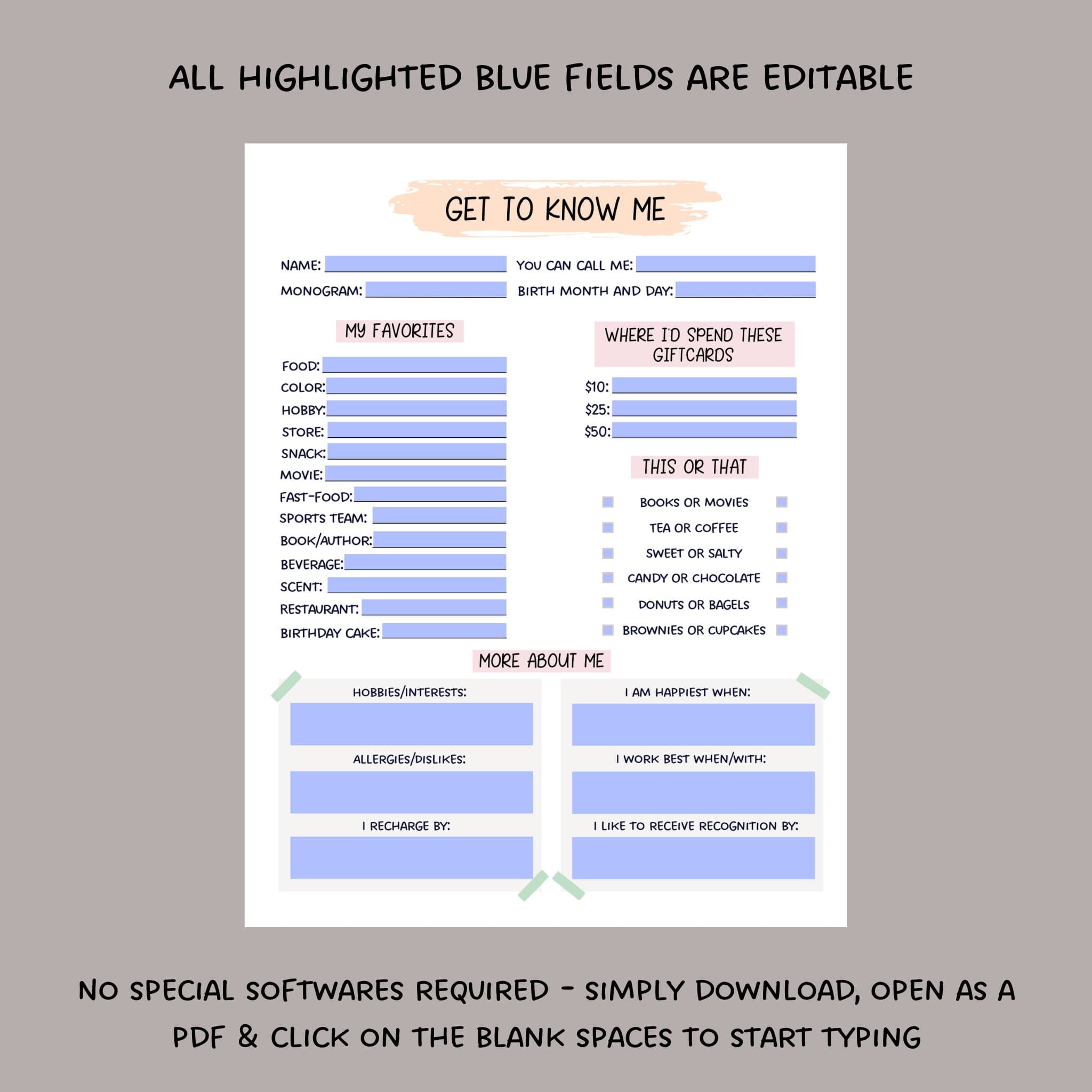 Editable Coworker Questions, Printable All About Me Employee Questionnaire, Employee Appreciation, Gift Exchange Team Survey Favorites List - image 5