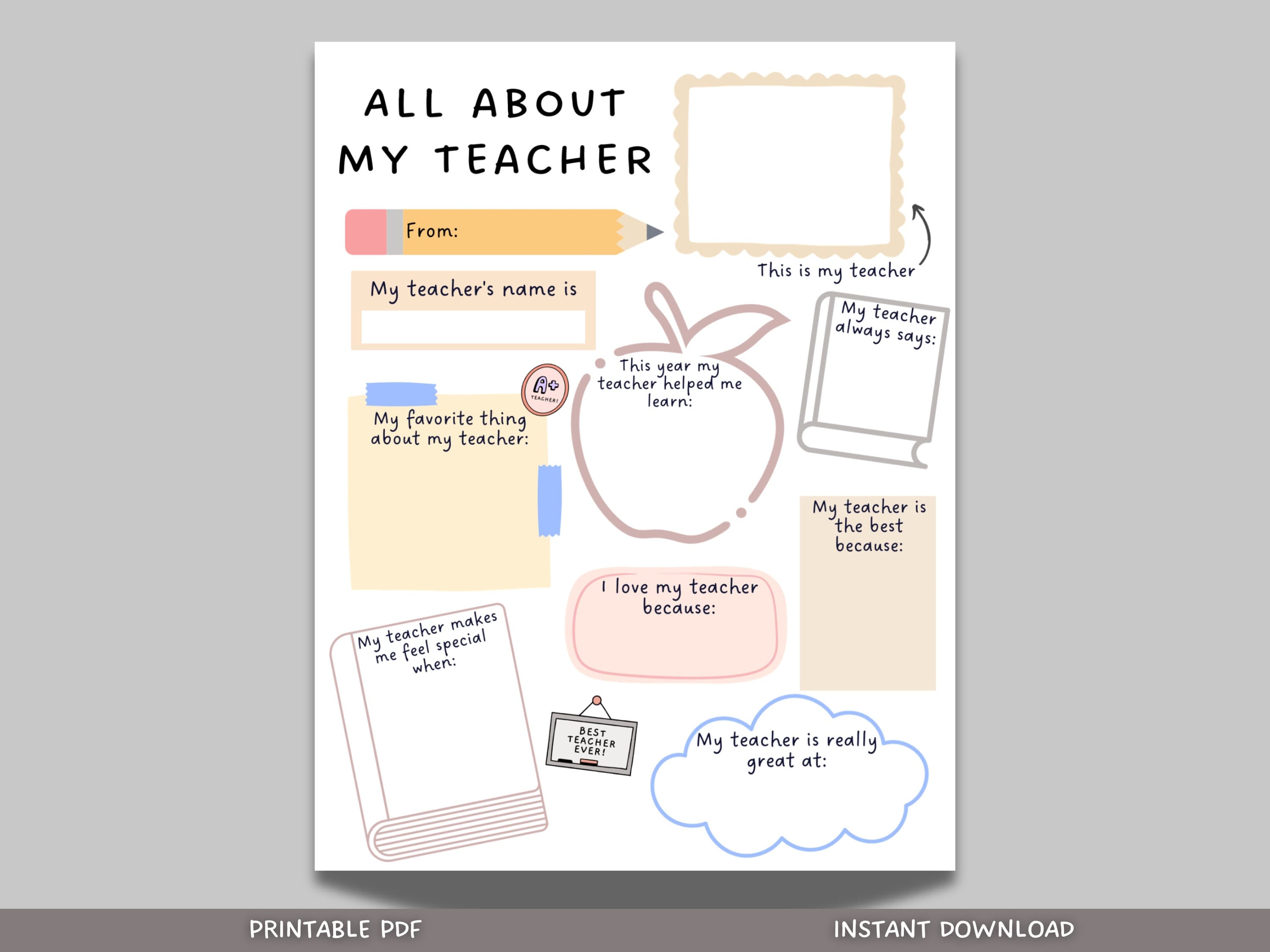All About My Teacher Printable, Teacher Appreciation Week, Thank You Teacher Gift, End of School Teacher Gift, Teacher Questionnaire Survey
