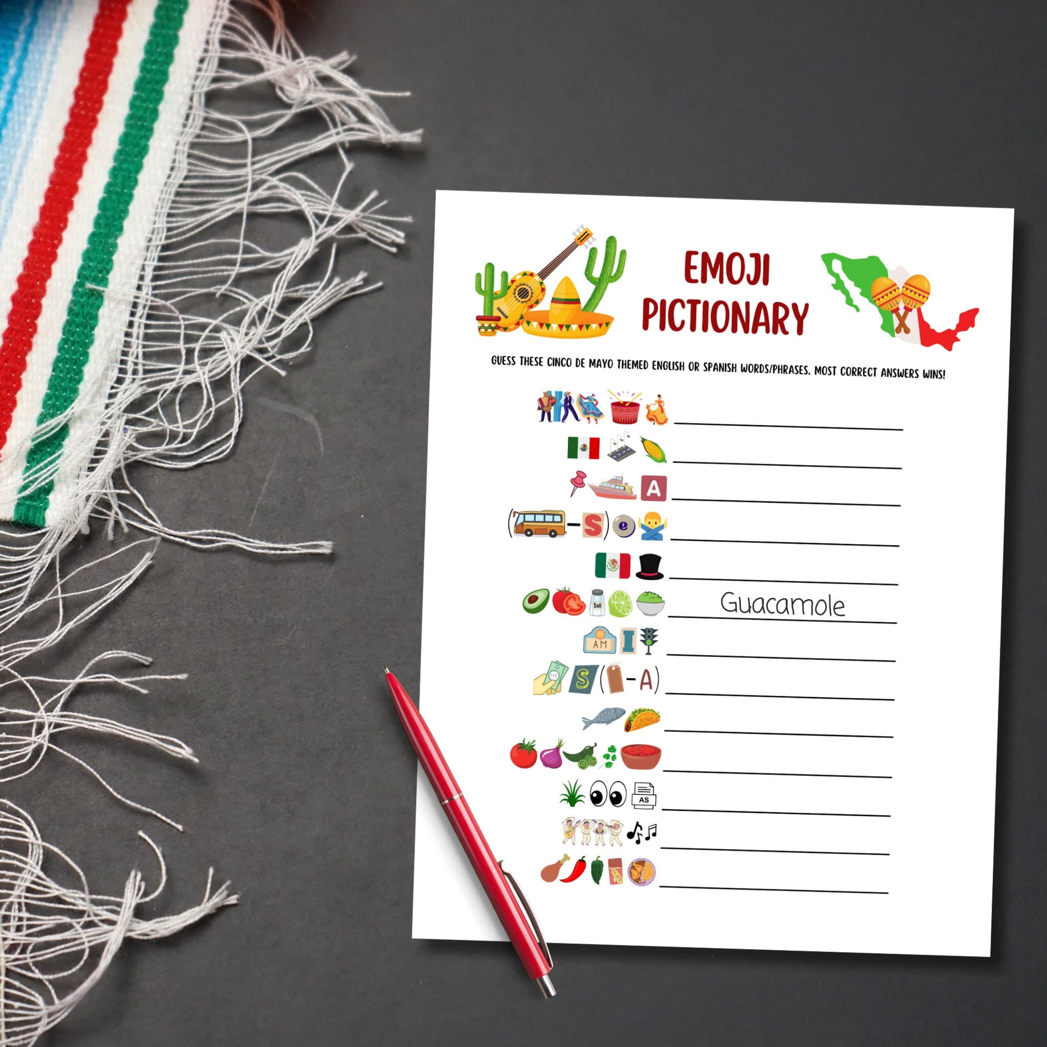 Cinco de Mayo Emoji Pictionary Game Printable, Fun Mexican Party Game Adults & Kids, Work Office Party, Family Fiesta Game, Classroom Game - image 4
