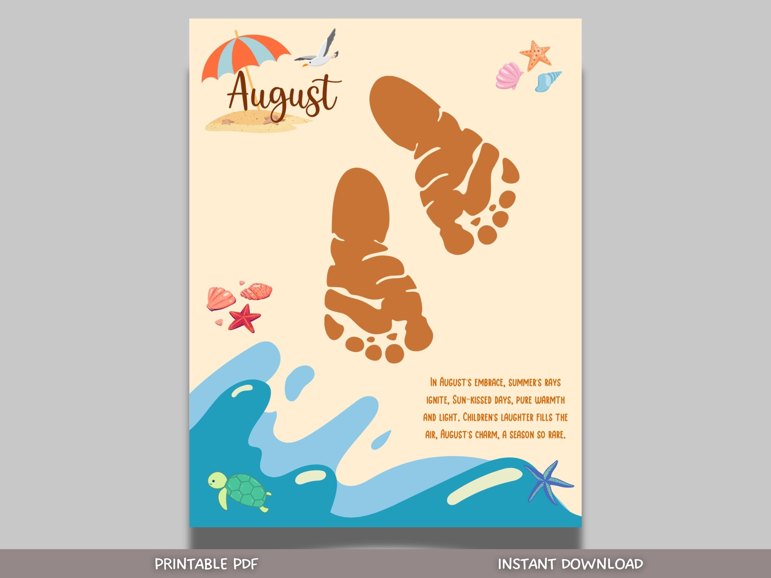 August Handprint Footprint Crafts Printable, DIY Art Kids Preschool Activity DIY Summer Monthly Keepsakes for Baby Toddler PreK Kindergarten