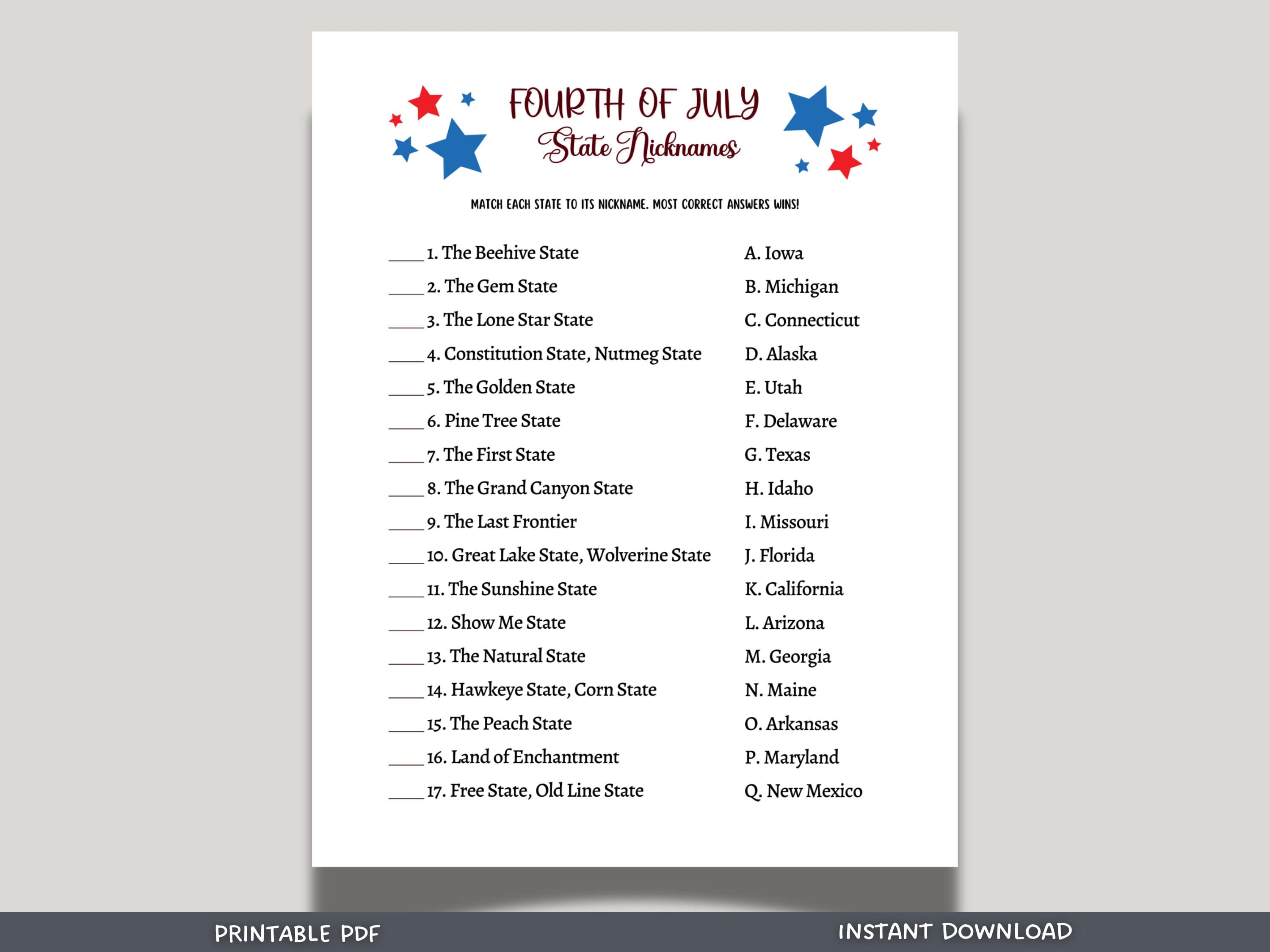 July 4th State Nicknames Game Printable, Independence Day Party Ideas, Family Activity for Adults & Kids, Fourth of July Patriotic Quiz