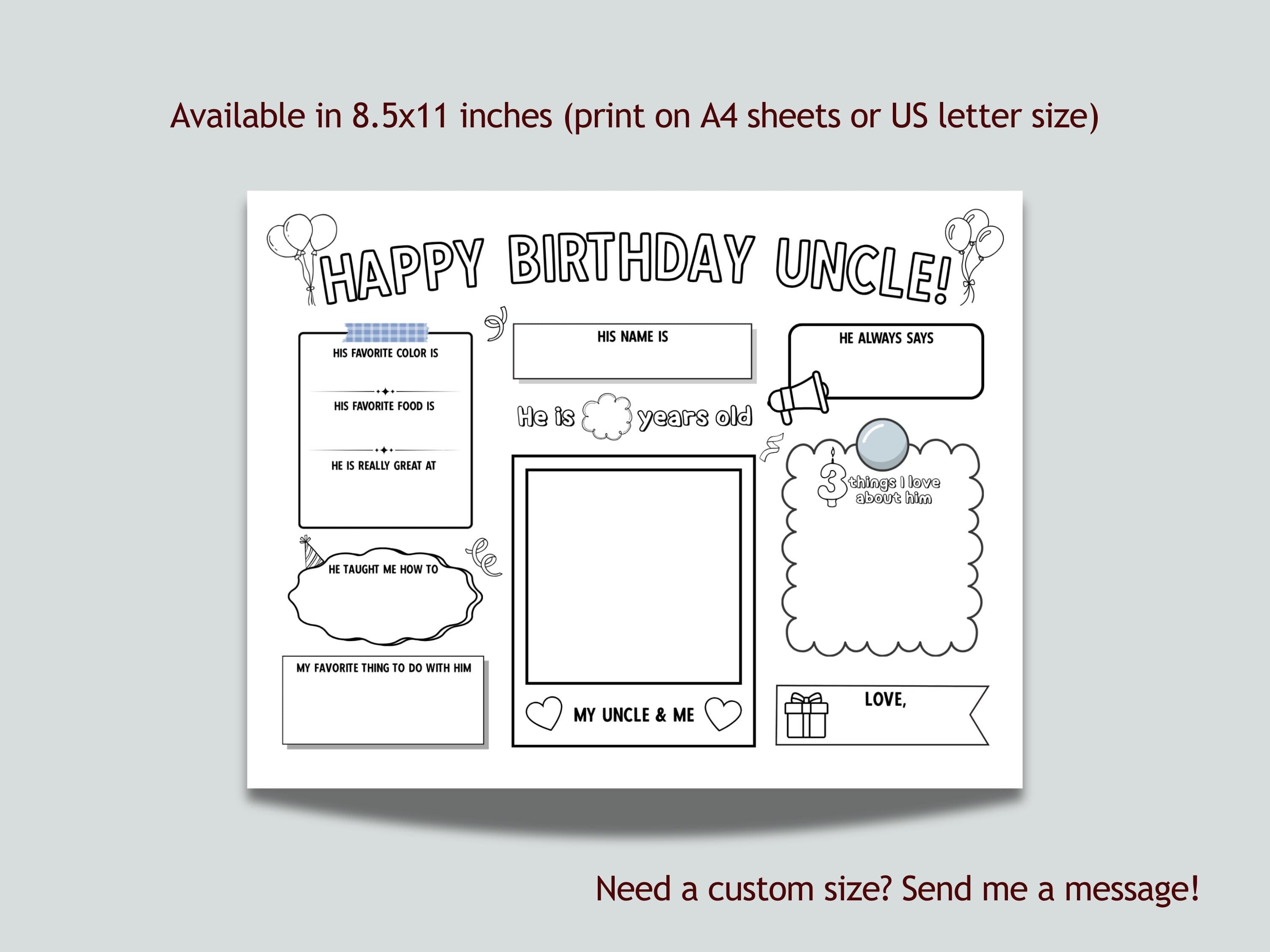 Happy Birthday Uncle Coloring Page Printable, DIY Personalized Gift from Kids Appreciation Card Activity Questionnaire Keepsake Cute Present - image 5
