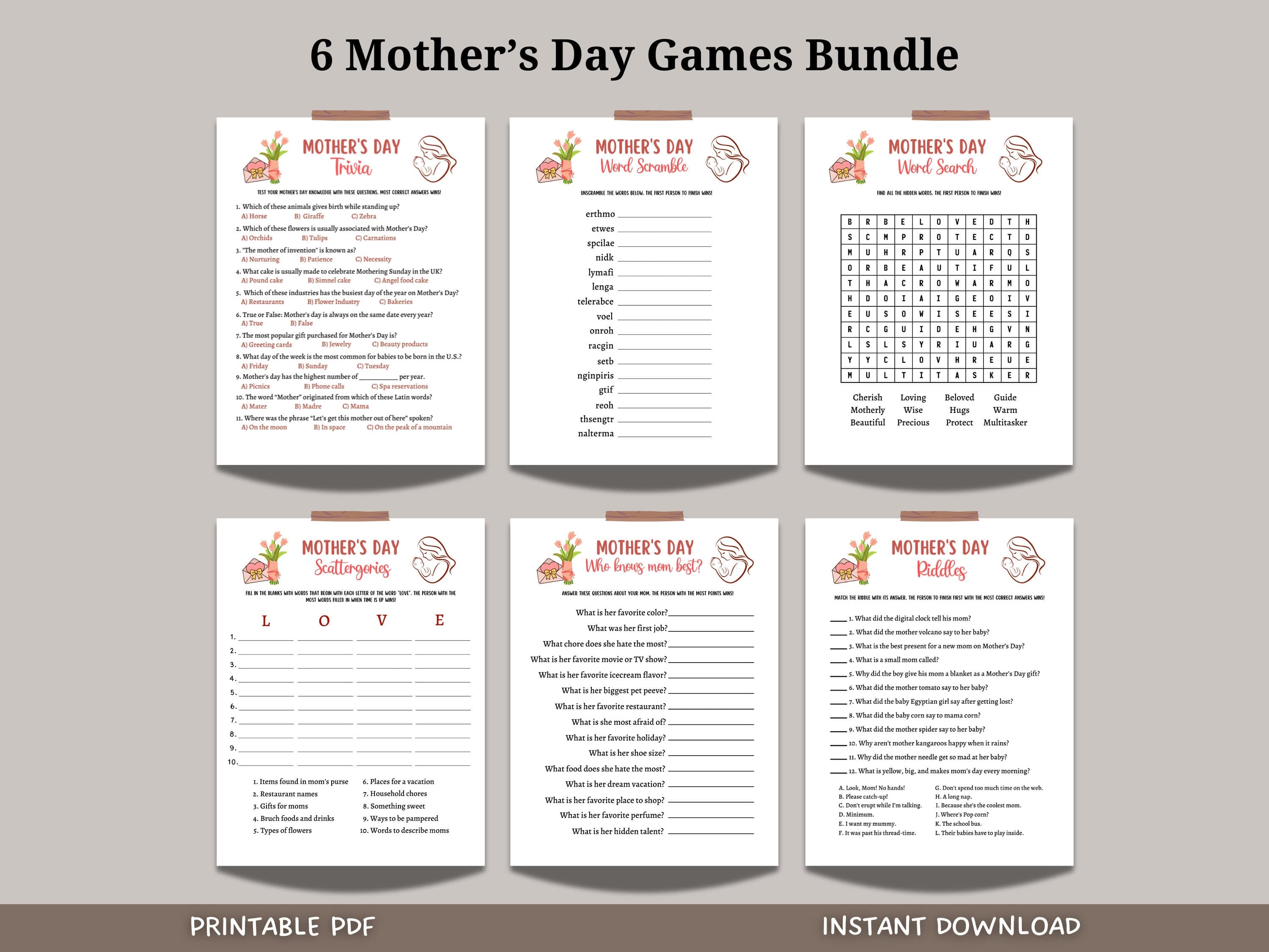 Mother's Day Games Bundle Printable, Mothers Day Game for Kids and Adults, Party Games, Family Games Night, Classroom Games, Mom Mama Trivia