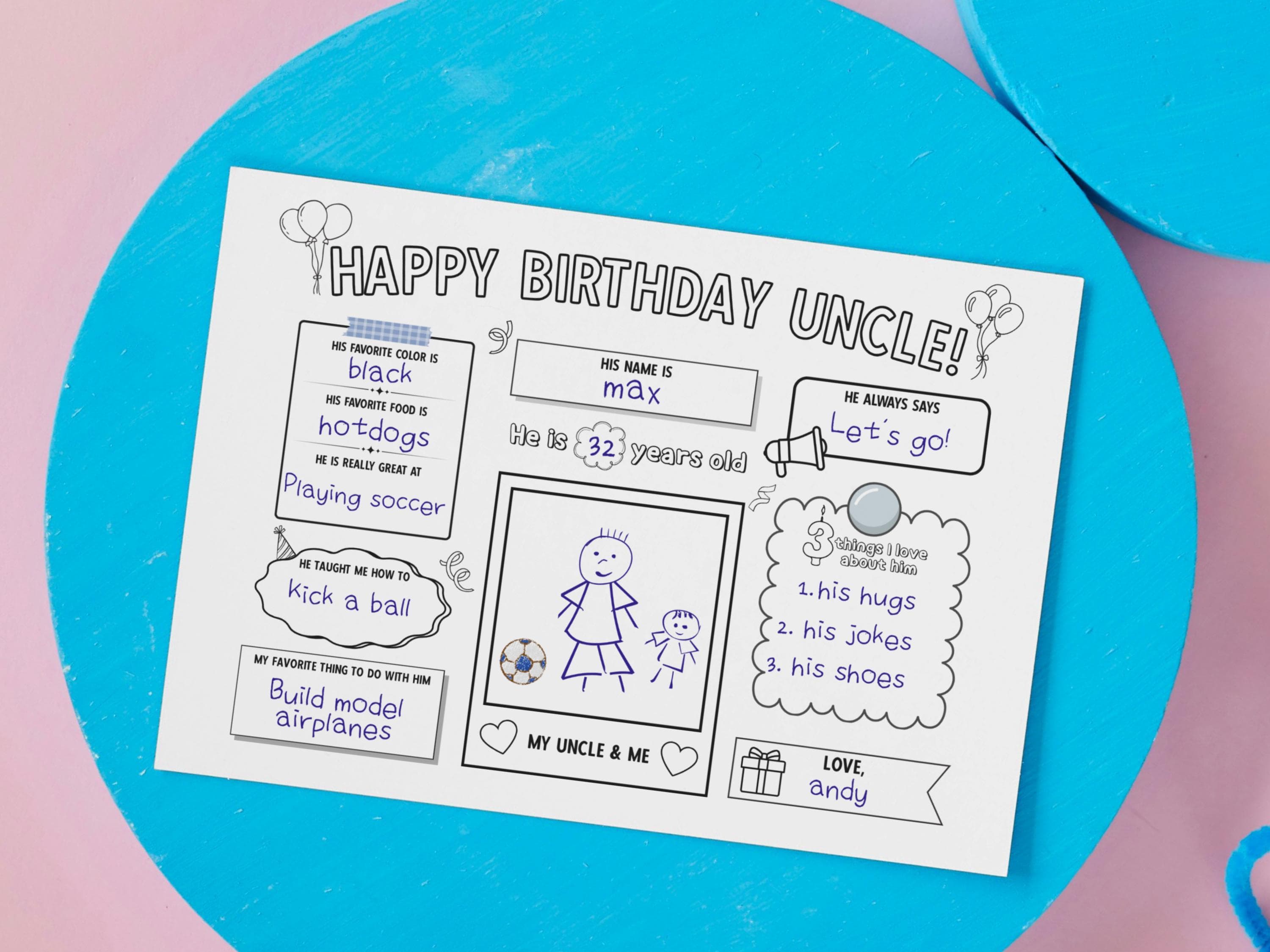 Happy Birthday Uncle Coloring Page Printable, DIY Personalized Gift from Kids Appreciation Card Activity Questionnaire Keepsake Cute Present - image 4