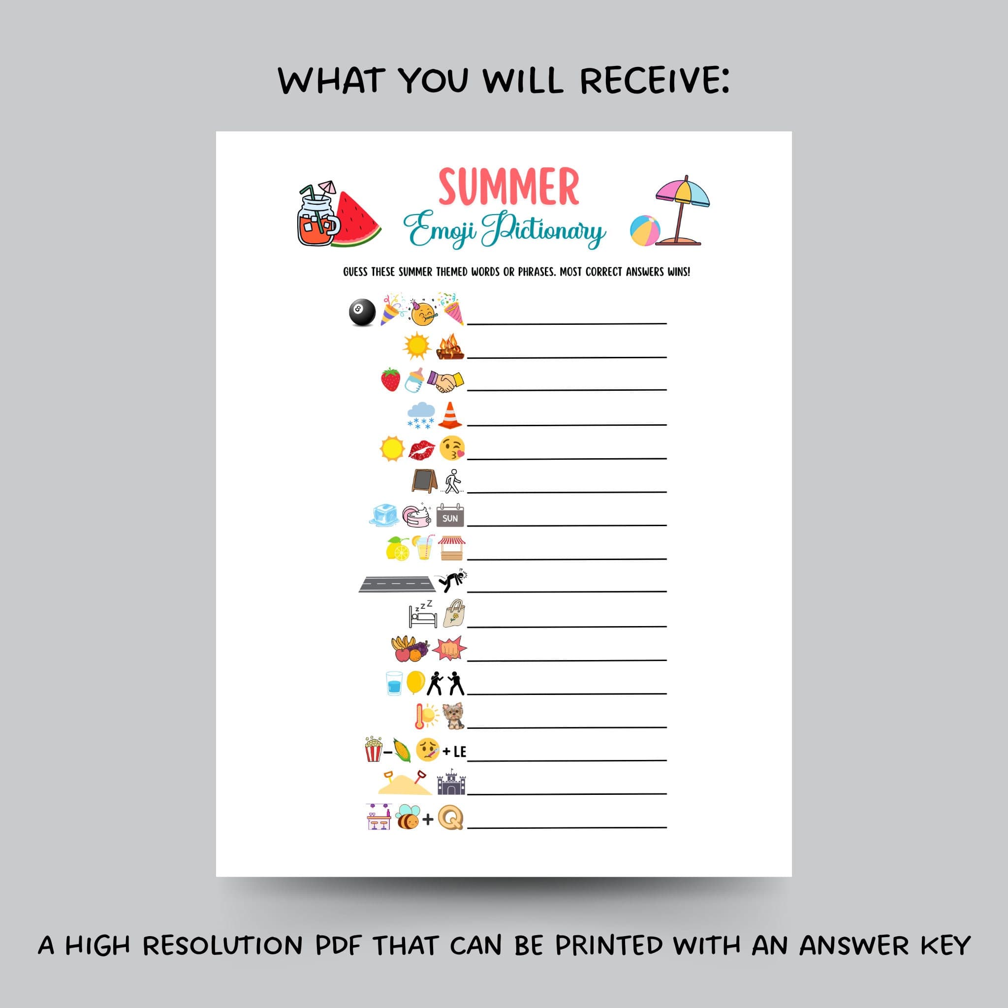 Summer Emoji Pictionary Game Printable, Summertime Activities for Adults & Kids, Fun Pool Party Games, Family Trivia Game, Emoji Quiz Game - image 3