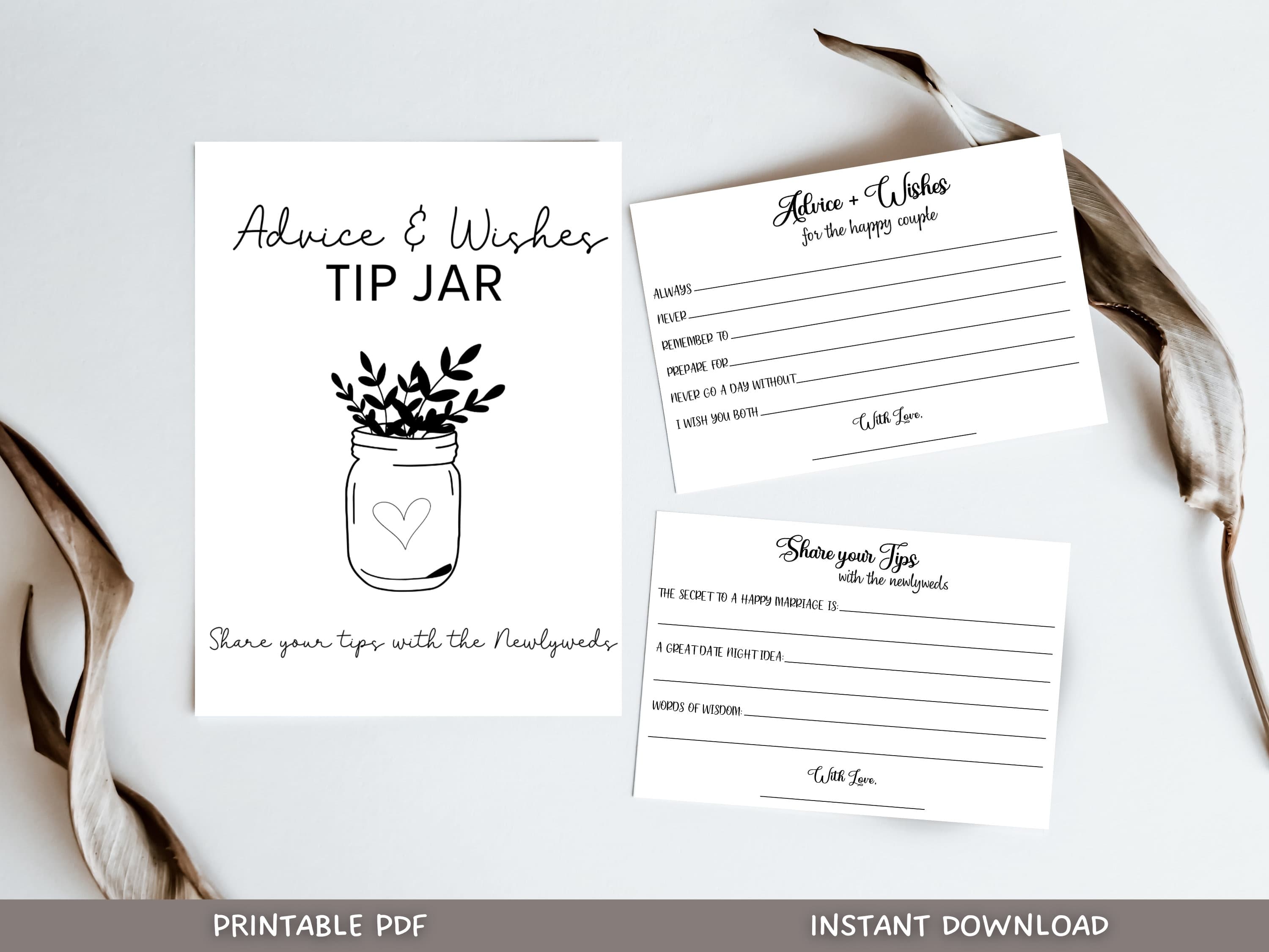 Wedding Advice Bride & Groom Well Wishes Card Printable, Minimalist Bridal Shower Party Game, Wedding Shower Couple Advice Tip Jar Sign