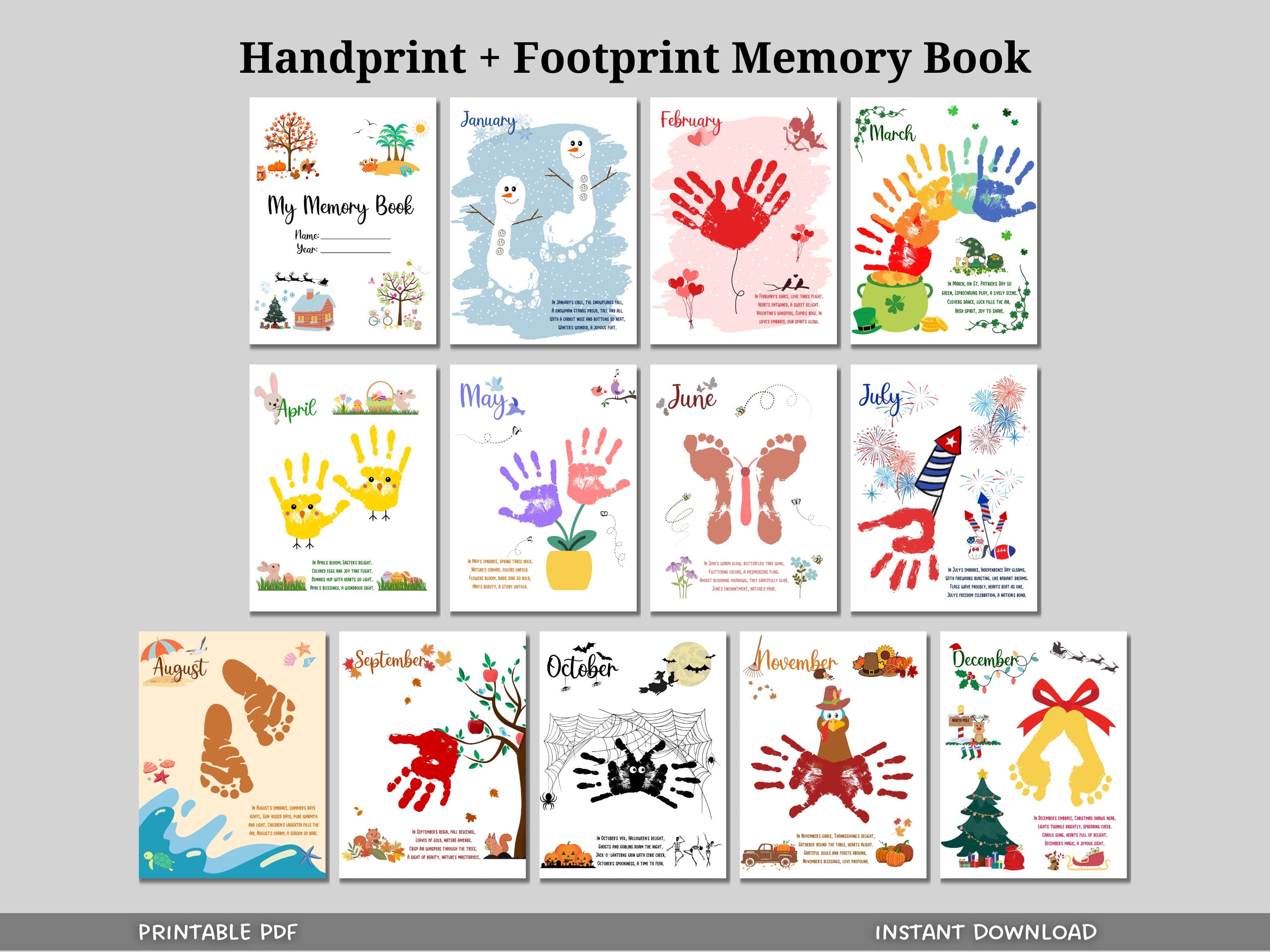 Handprint Memory Book Printable, DIY Footprint Art Kids Activity, Monthly Keepsake Craft Baby Toddler PreK Preschool Kindergarten 1st Grade
