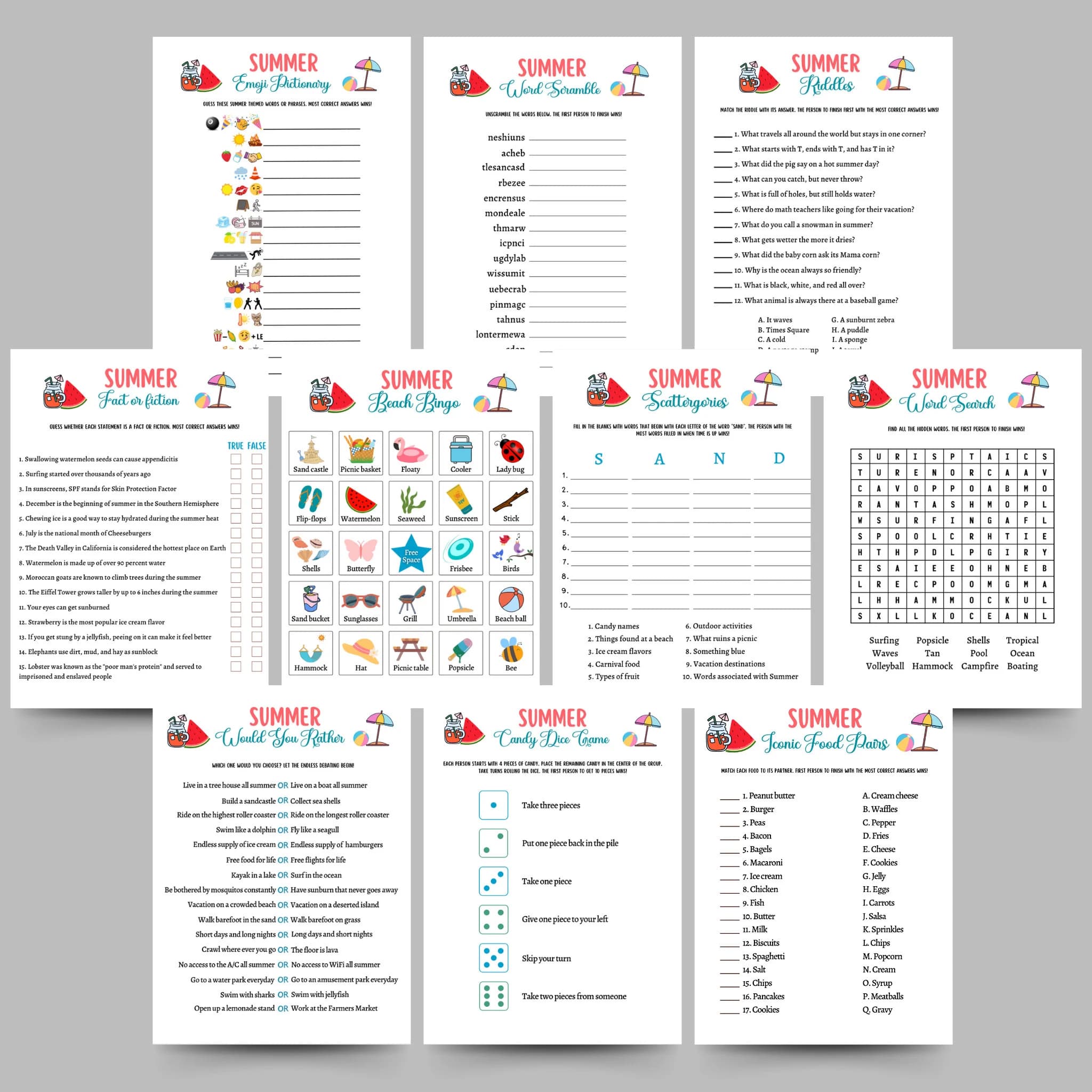 Summer Games Bundle Printable, Summer Camp Activity, Summertime Beach Party Game Adult and Kids, Fun Family Activity, Vacation Travel Trivia - image 3