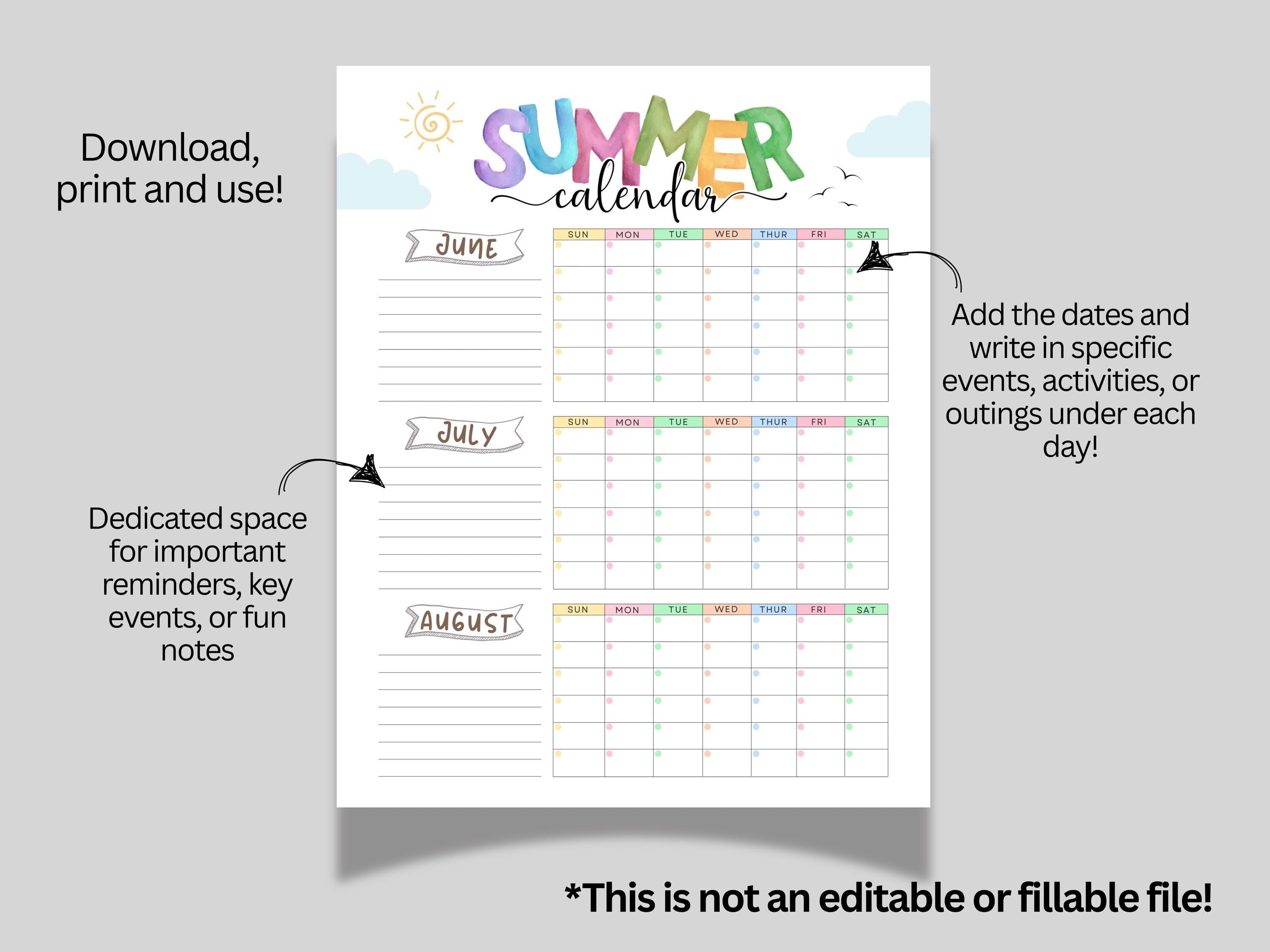 Summer Calendar Poster Printable, 2026 Summer Bucket List Activities Large Checklist Family Planner for Kids Fun Template Digital Download - image 3