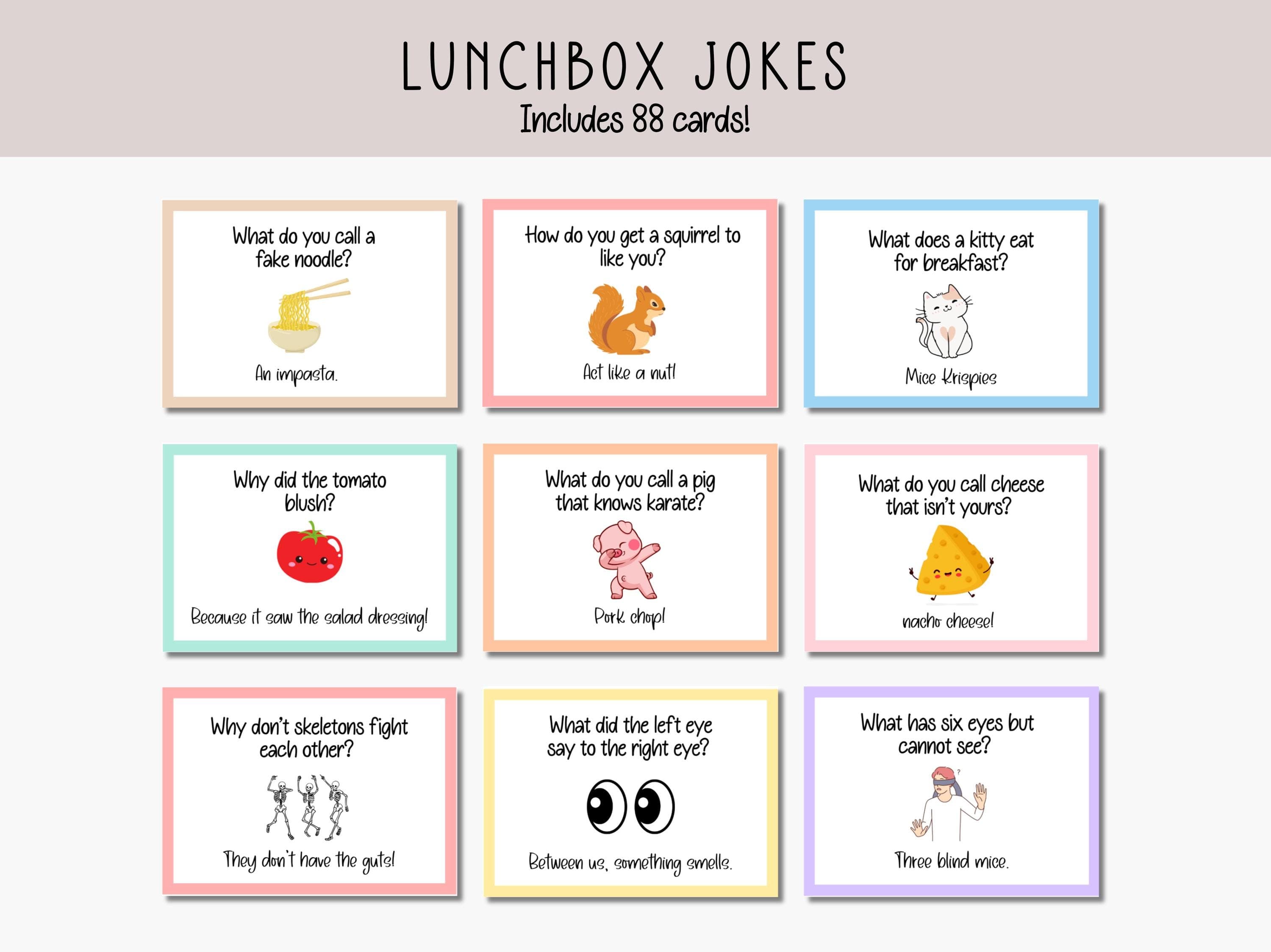 Lunchbox Jokes Cards for Kids Printable, Back to School Funny Lunch Box Notes Cute Teacher Resources Riddles Dad Jokes Digital PDF for Moms