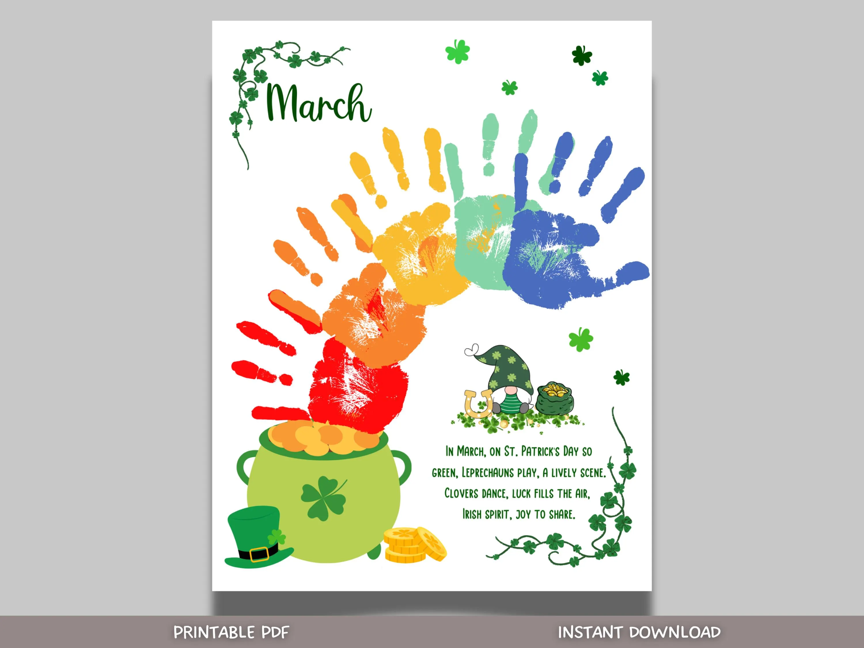 March Handprint Footprint Crafts Printable, DIY Art Kids Preschool Activity St Patricks Monthly Keepsakes for Baby Toddler PreK Kindergarten