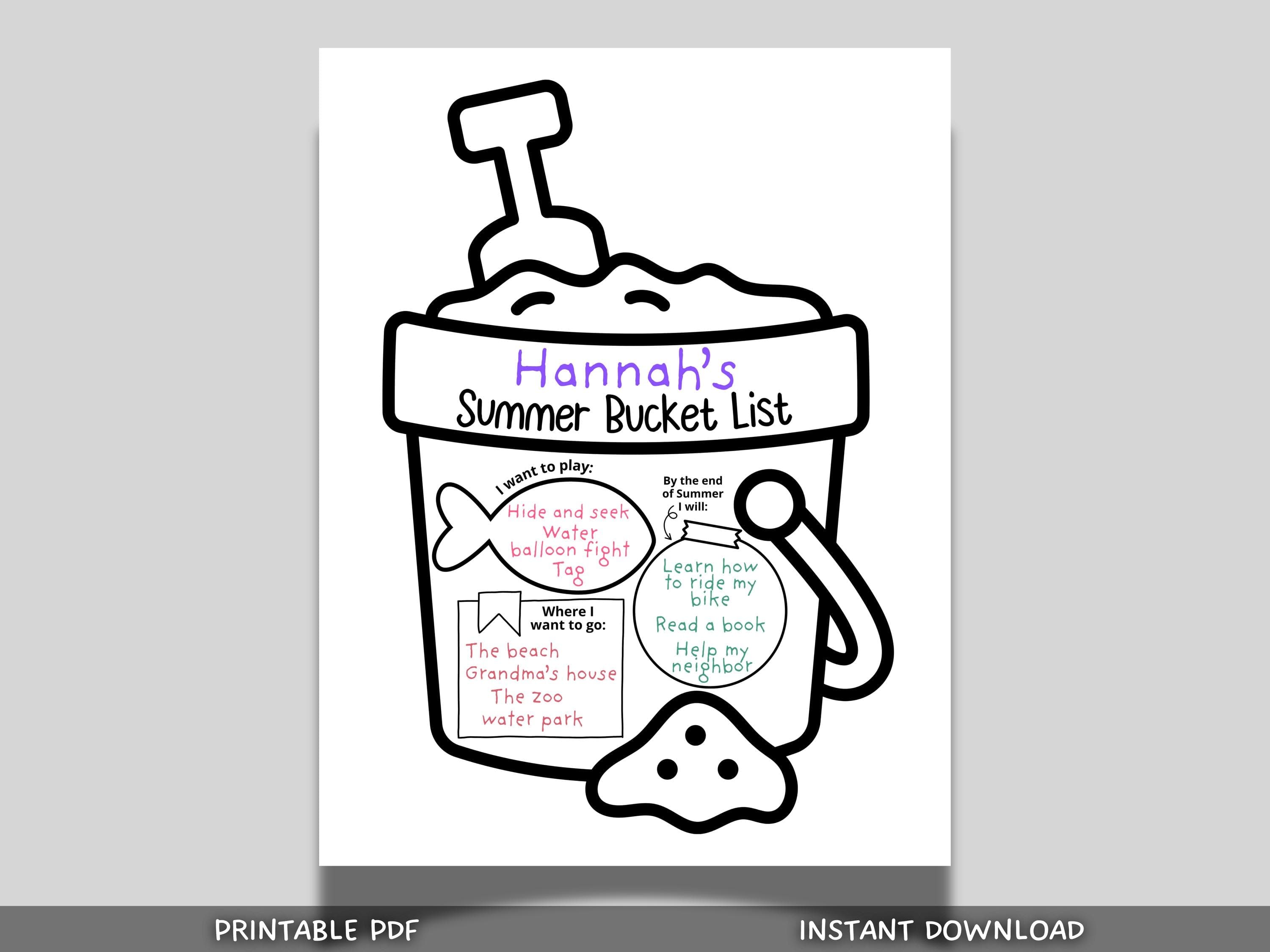 Summer Bucket List Craft for Kids Printable, End of School Year Activity Sand Bucket Coloring page, Fun Ideas for Preschool Camp Homeschool