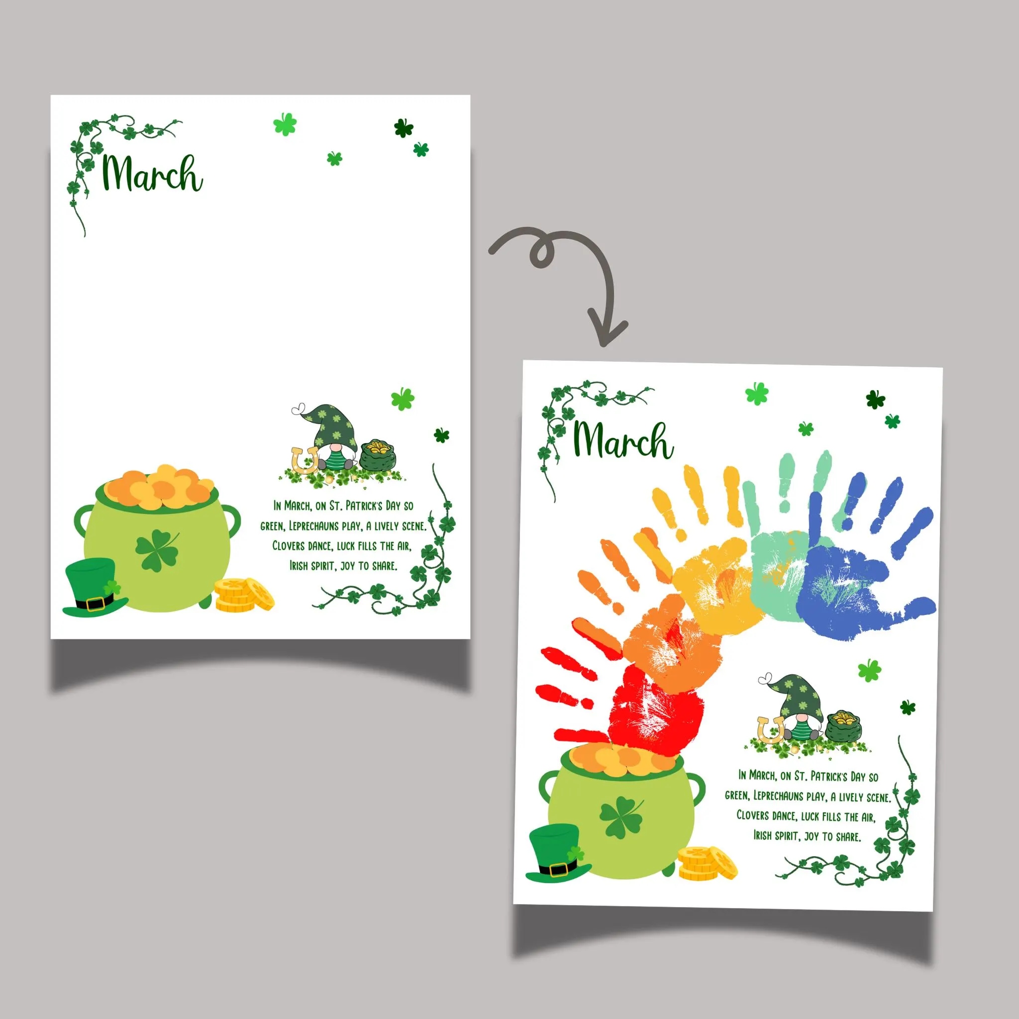 March Handprint Footprint Crafts Printable, DIY Art Kids Preschool Activity St Patricks Monthly Keepsakes for Baby Toddler PreK Kindergarten - image 3