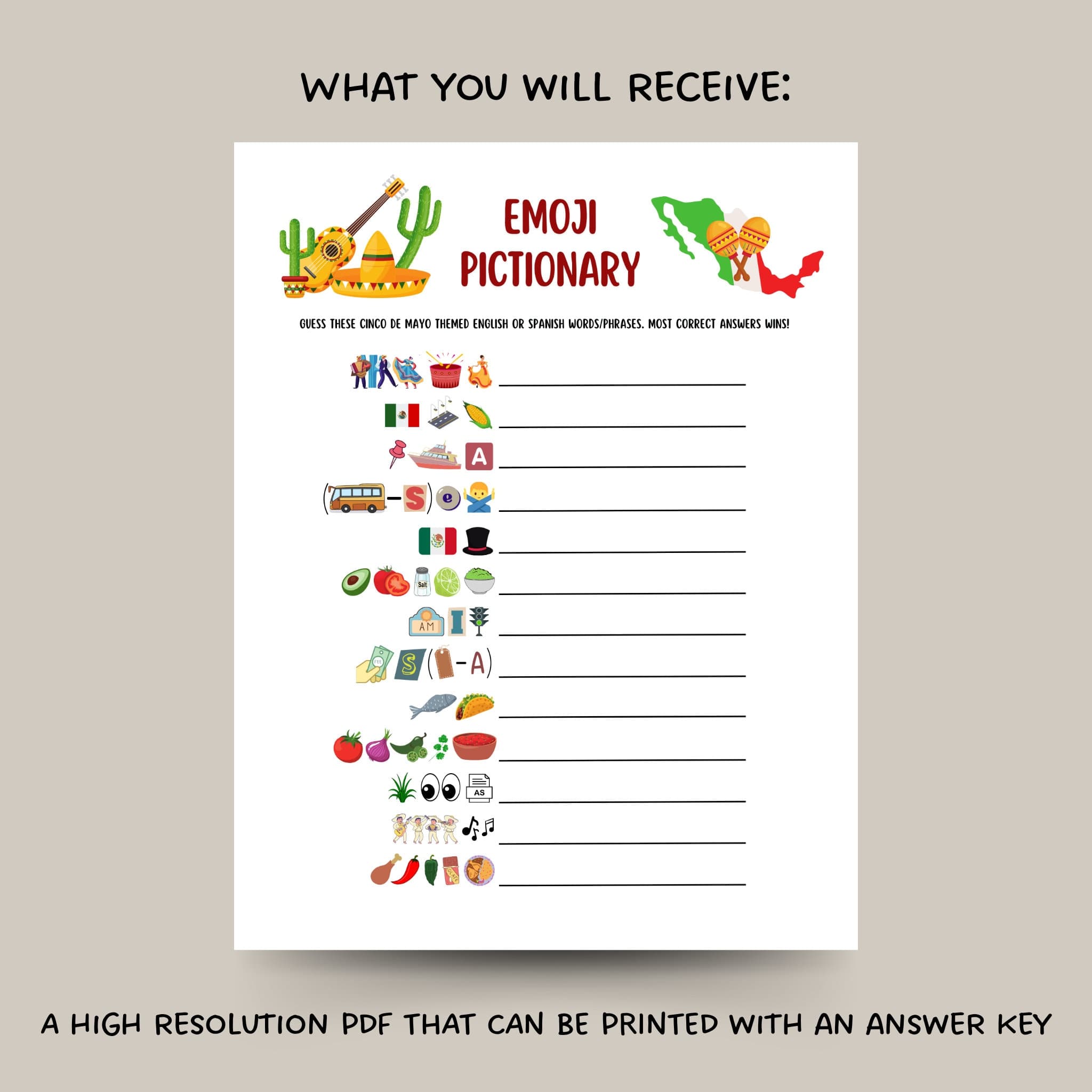 Cinco de Mayo Emoji Pictionary Game Printable, Fun Mexican Party Game Adults & Kids, Work Office Party, Family Fiesta Game, Classroom Game - image 3