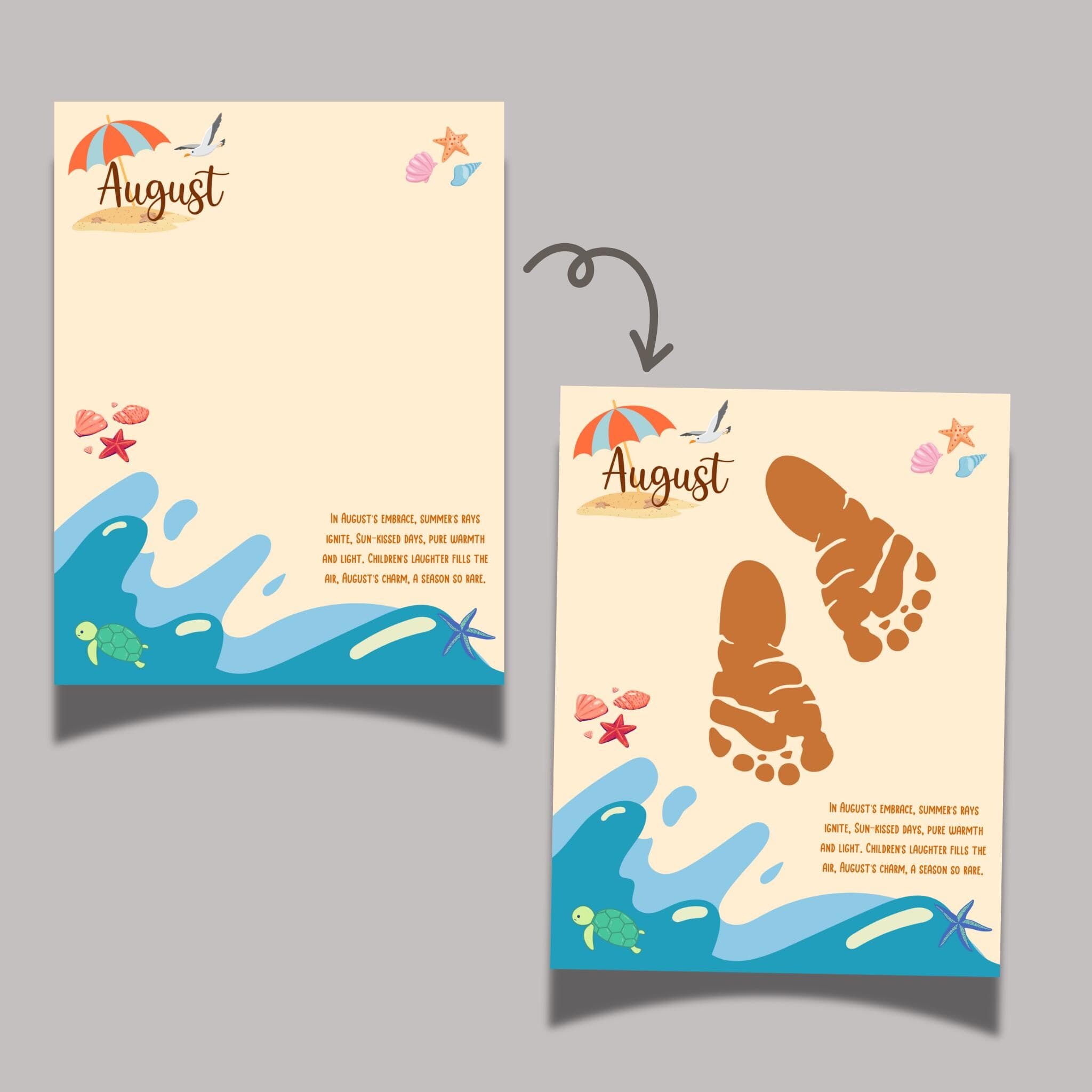 August Handprint Footprint Crafts Printable, DIY Art Kids Preschool Activity DIY Summer Monthly Keepsakes for Baby Toddler PreK Kindergarten - image 3