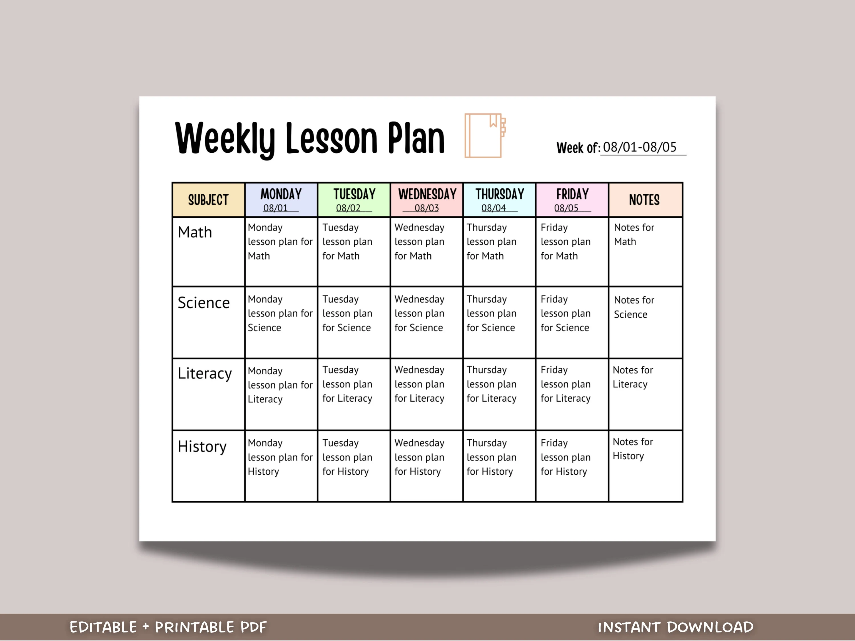 Weekly Lesson Plan Printable, Editable Weekly School Schedule, Simple Weekly Lesson Planner, Lesson Plan Sheet, Homeschool Weekly Planner