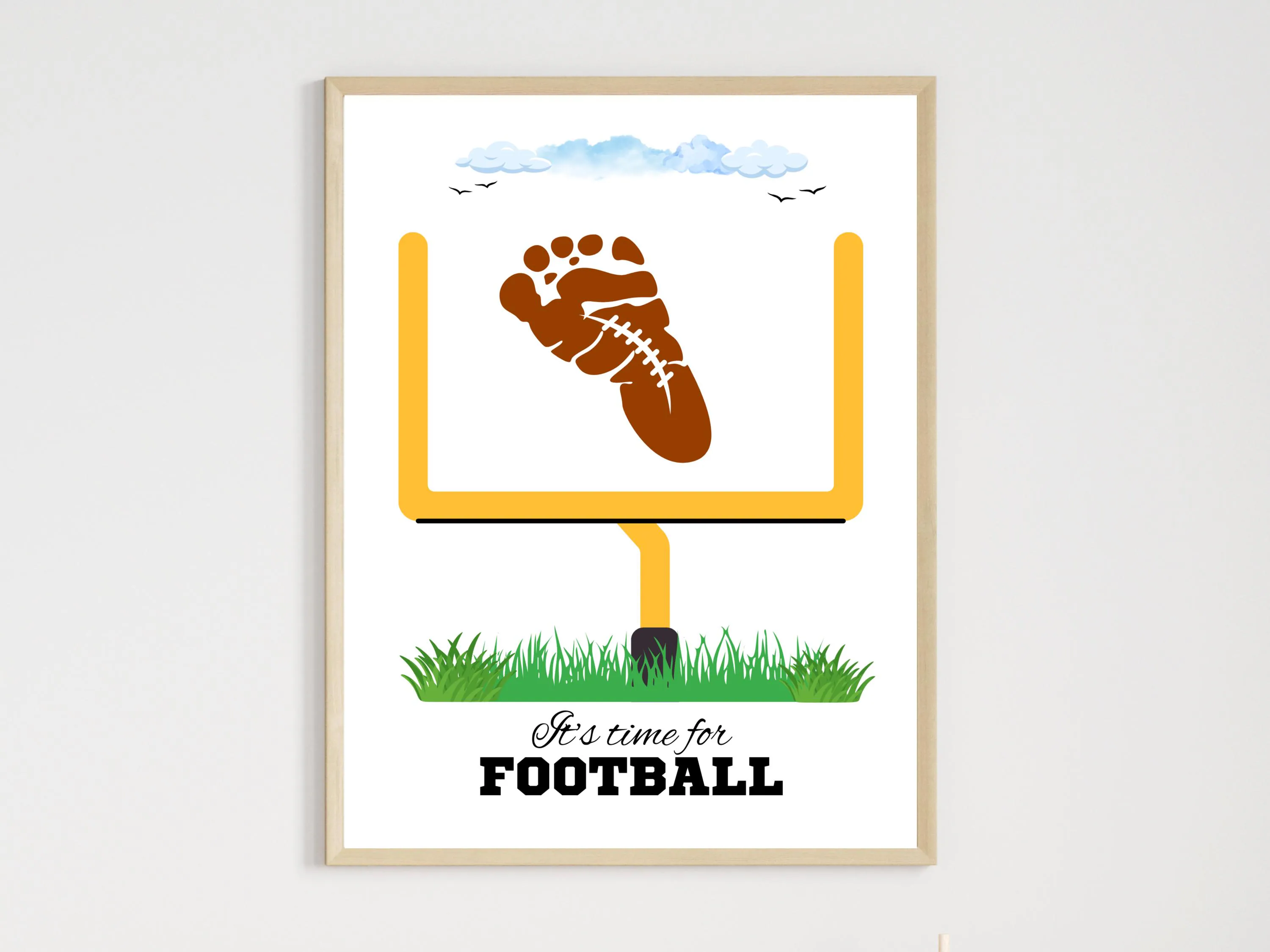 Football Footprint Craft Printable for Kids, DIY Sports Wall Art Activity Keepsake Baby Infant Toddler Fathers Day Card Gift