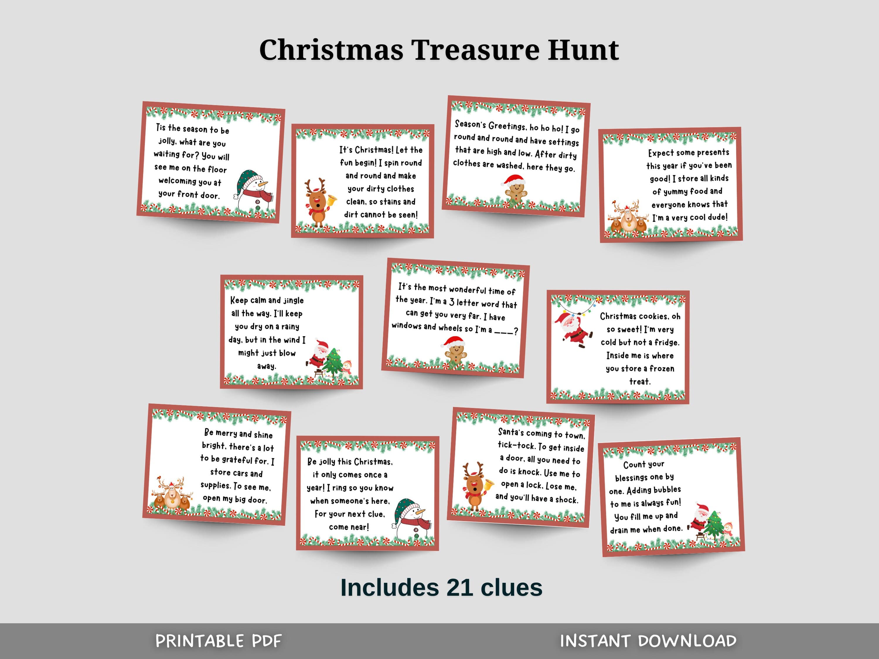 Indoor Christmas Treasure Hunt For Kids, Christmas Scavenger Hunt Printable, Fun Christmas Activity, Party Game, Treasure Hunt Clue Cards