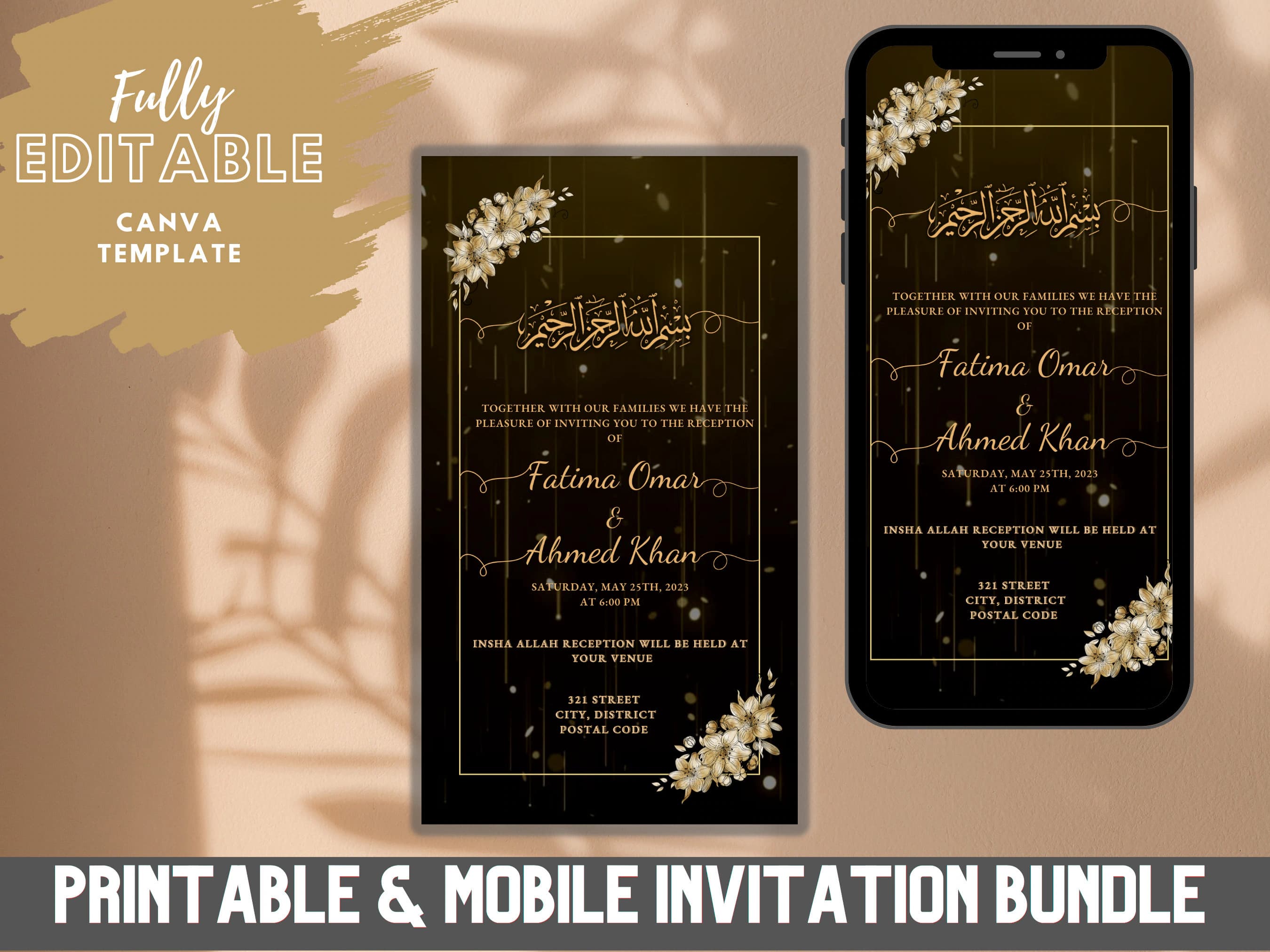 Digital Muslim Wedding Invitation Template,  Electronic Golden Brown Wedding Invitation, Editable Custom Printable Canva, Instant Download