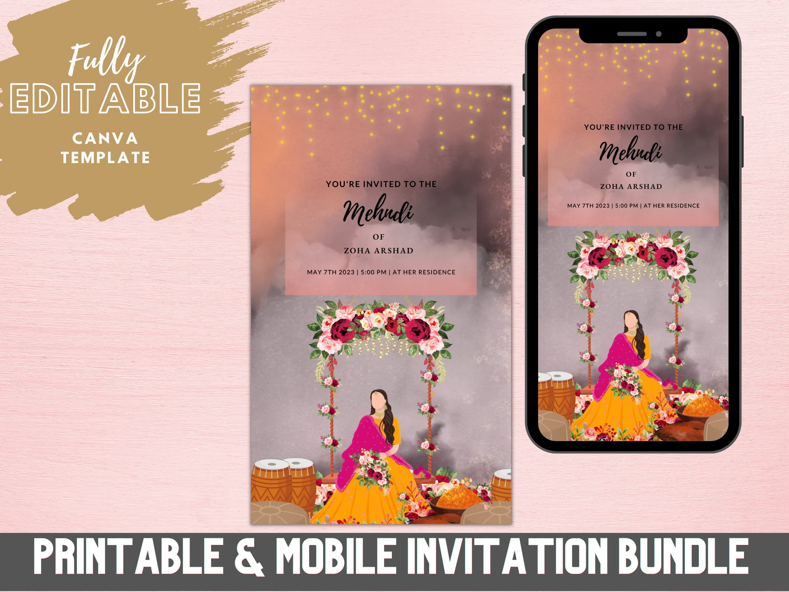 Digital Mendhi Invitation Template, Indian Wedding, Pakistani Wedding, Editable Custom Printable Canva, Instant Download