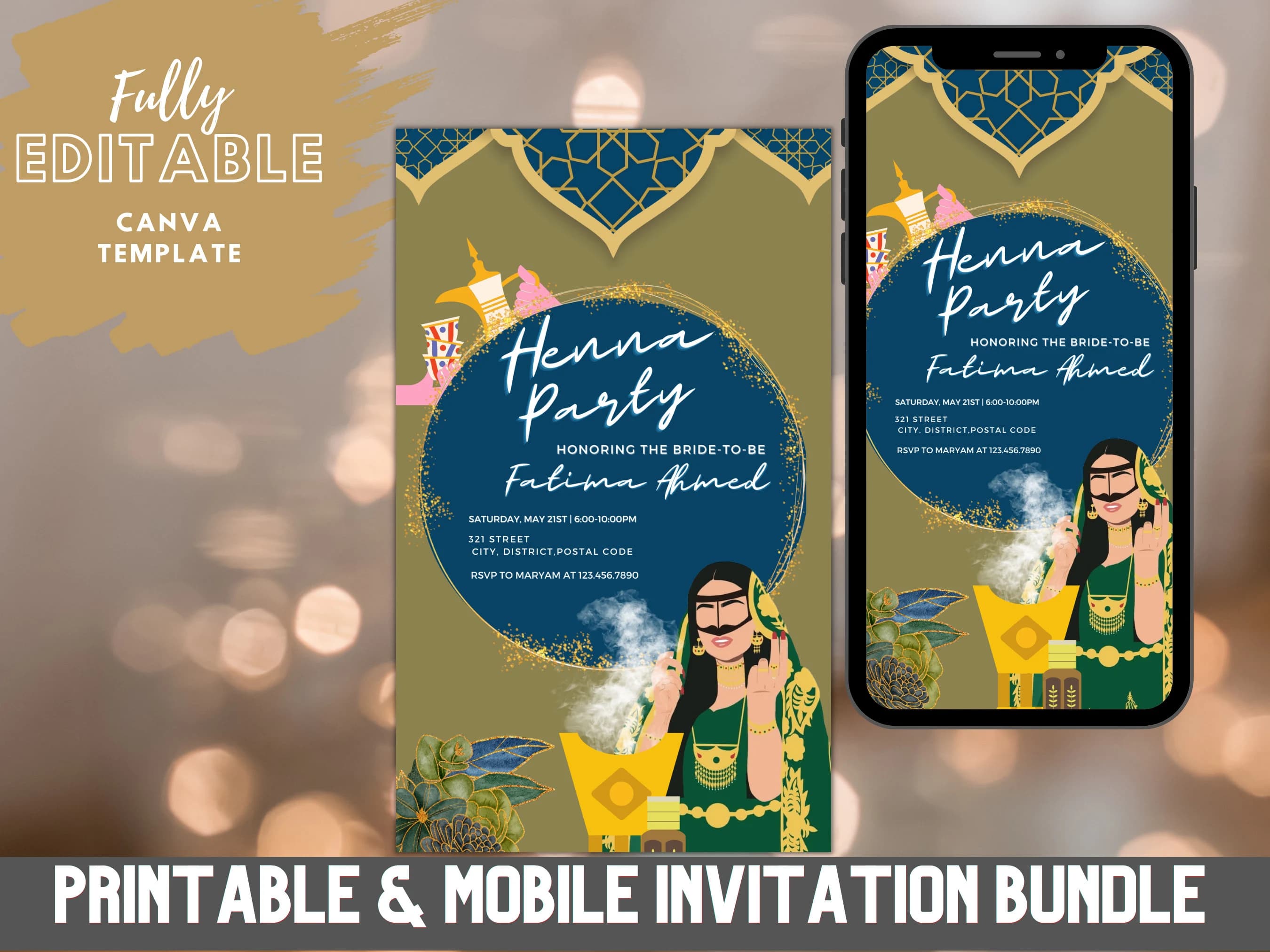 Arab Henna Party   Digital wedding Invitation, Wedding Invitation Template, Editable Custom Printable Canva, Instant Download,  حفل زواج