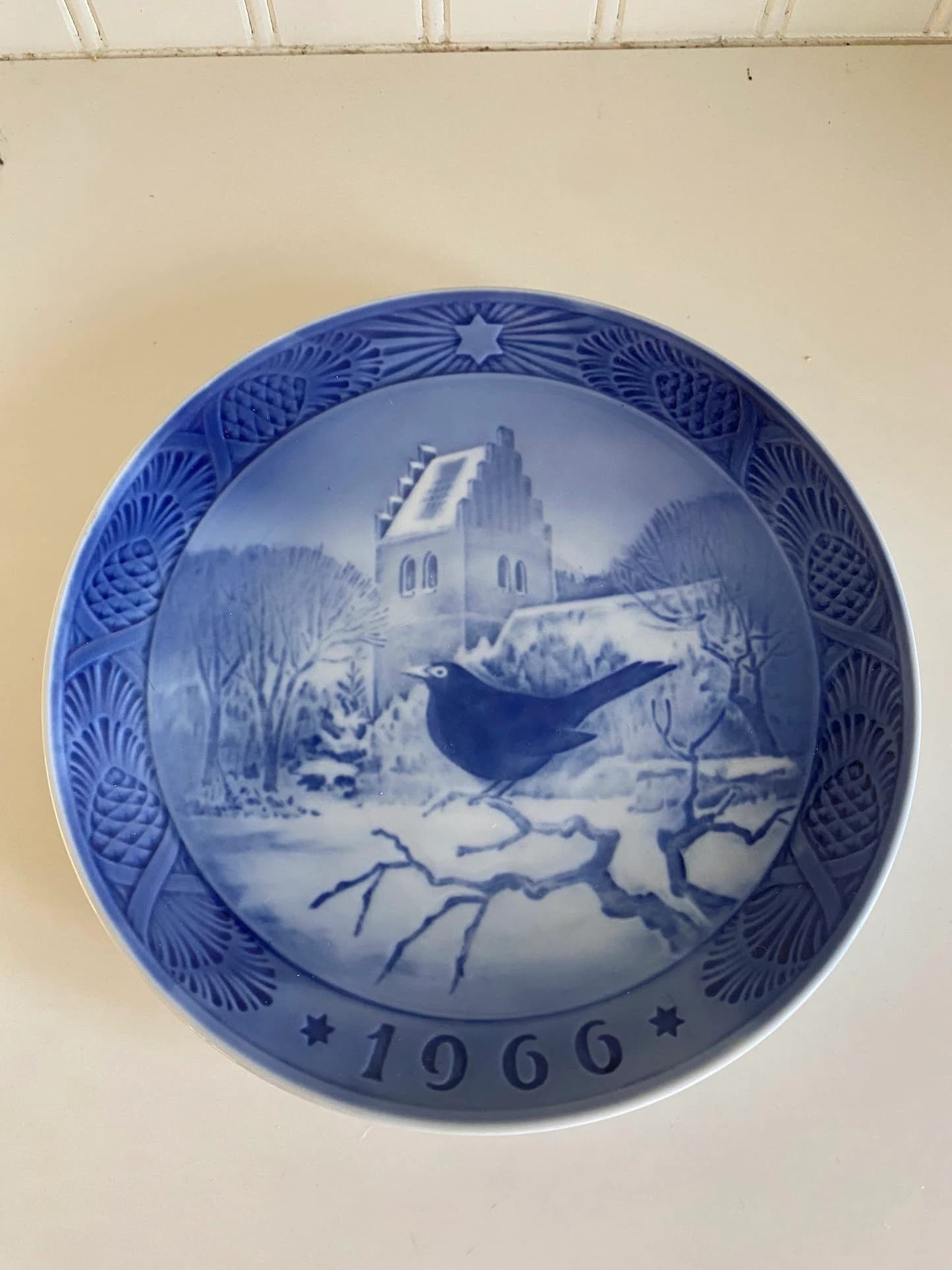 1966 Royal Copenhagen Christmas plate, “Blackbird at Christmas Time,” blue and white Danish porcelain, Christmas décor