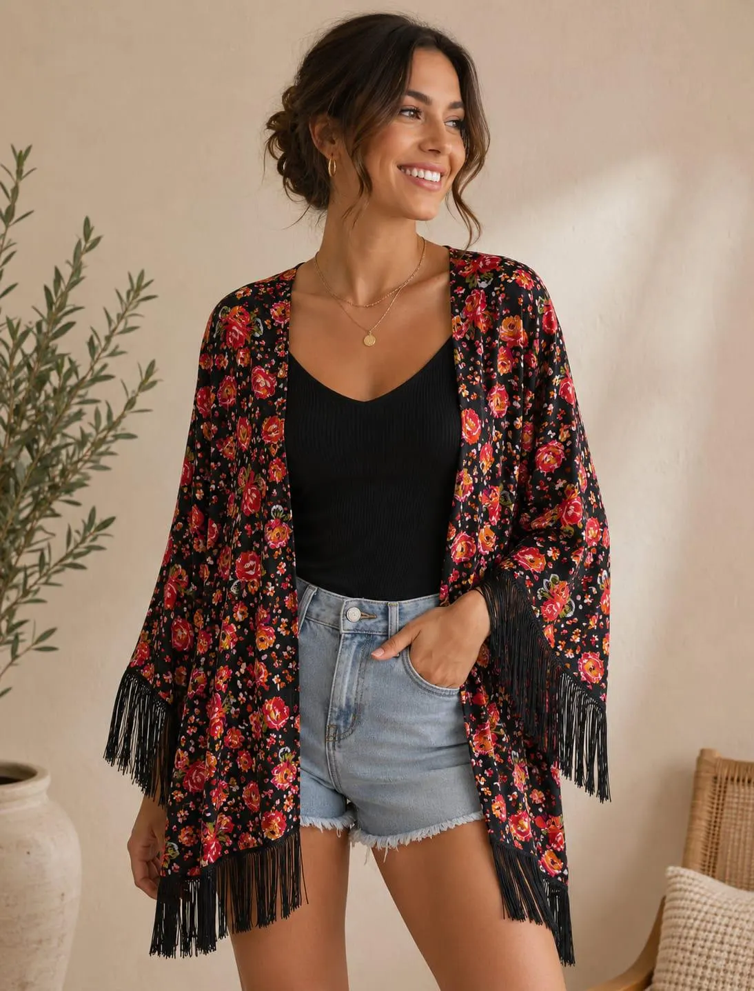 Black Floral Fringe Kimono Cardigan Lightweight Boho Cover Up Women's Jacket