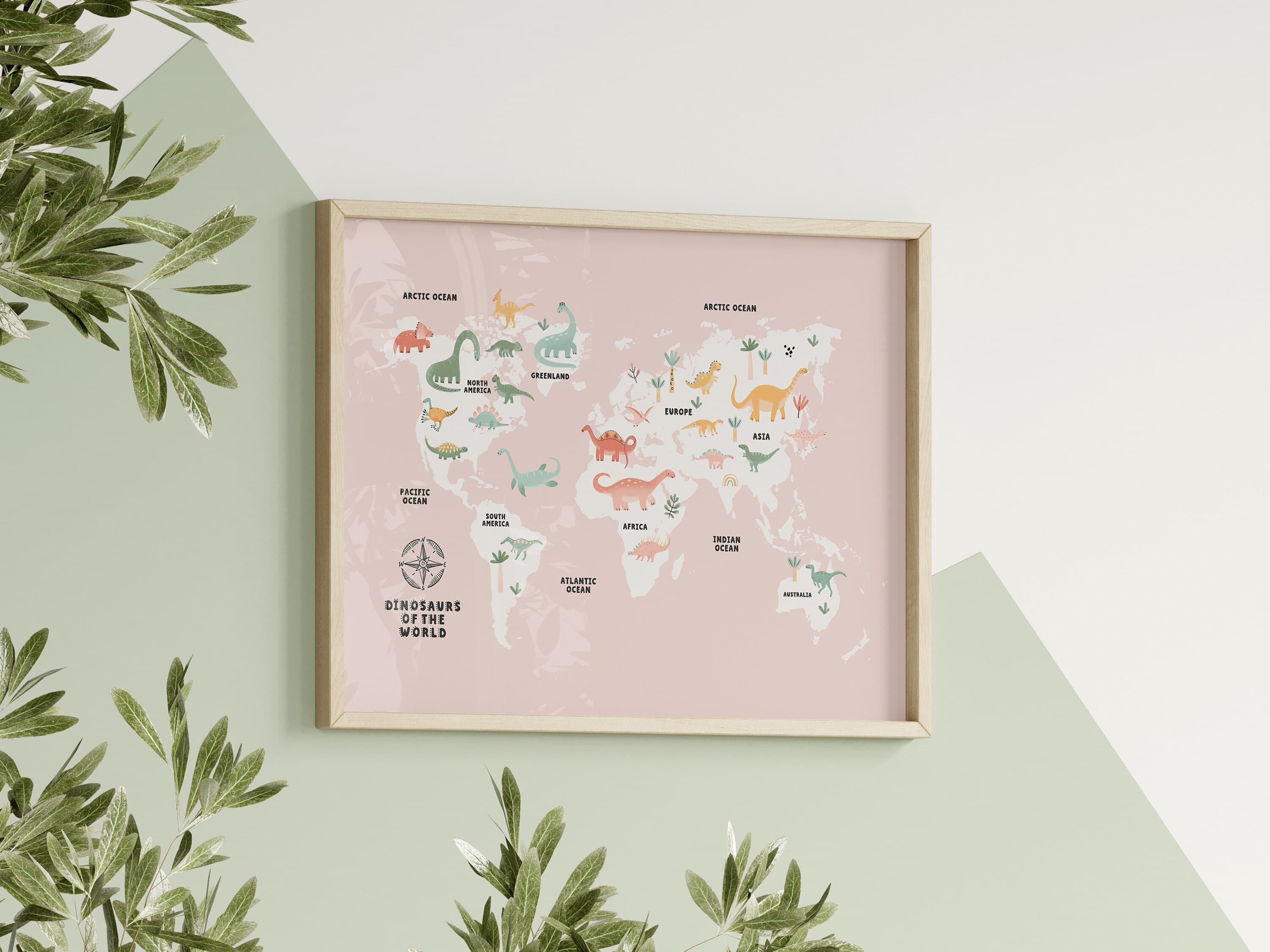 World Map Dinosaur Educational for Kids Room Pink World Map Montessori Nursery Wall Art Printable - image 3