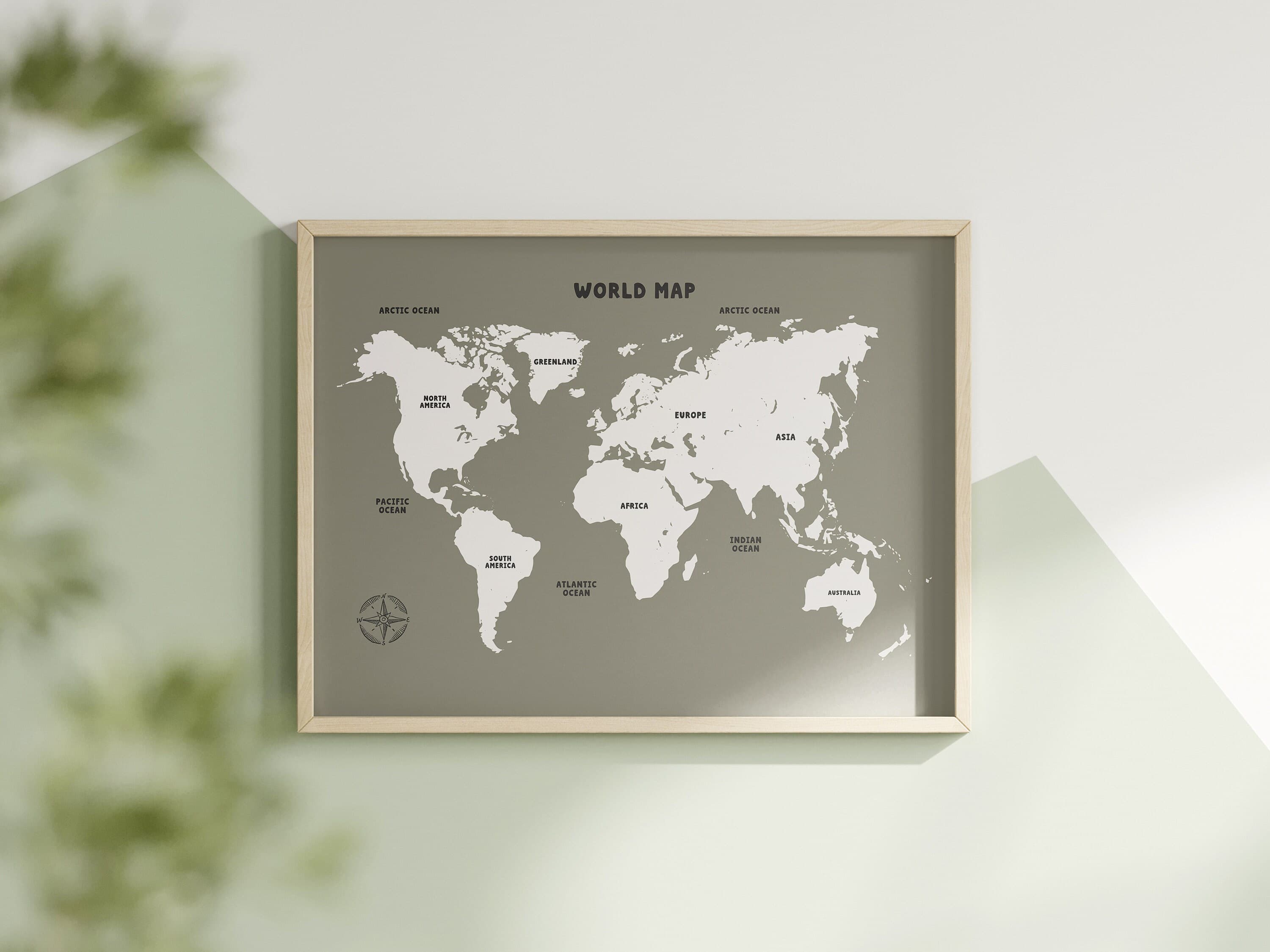 Green World Map Wall Art Nursery Minimalist Educational Montessori Printable Posters for Homeschool Decor