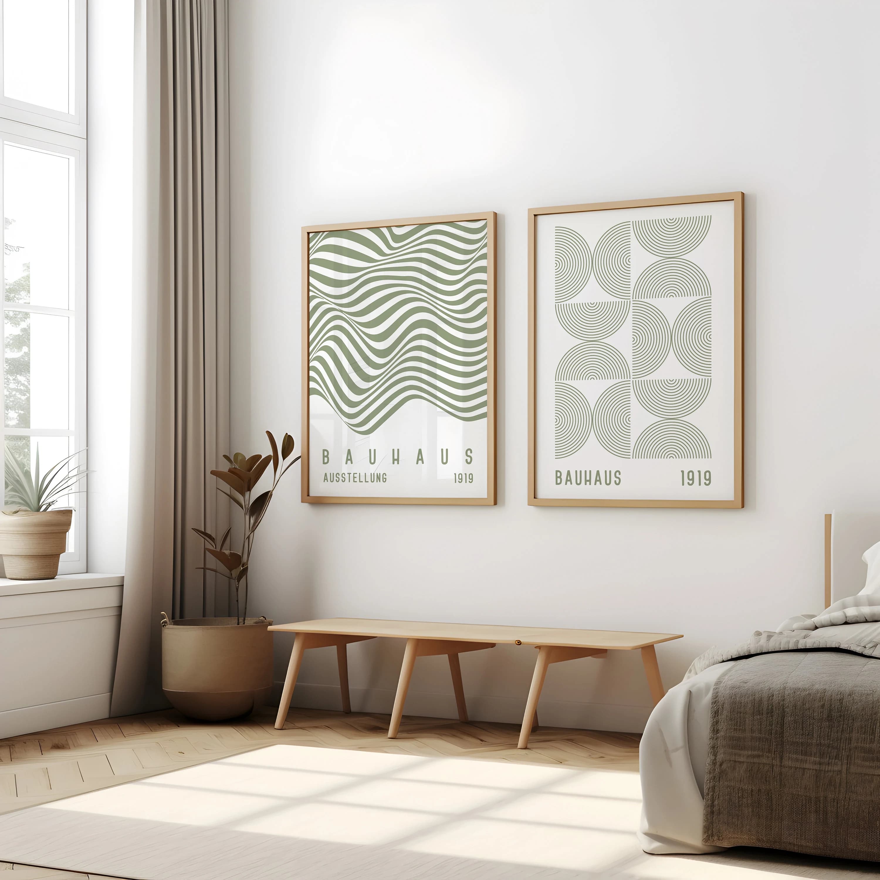 Bauhaus Poster Sage Green Bauhaus Print Wavy Line Exhibition Poster Abstract Wall Art Set of 2 Prints Retro Art Geometric Print Set
