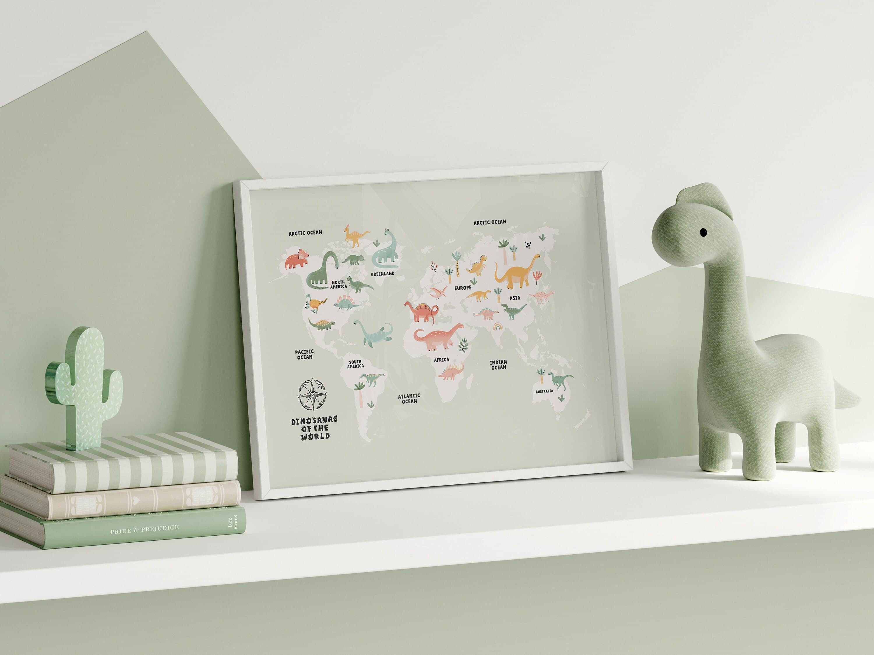 World Map Dinosaur Educational for Kids Room Green World Map Montessori Nursery Wall Art Printable - image 5