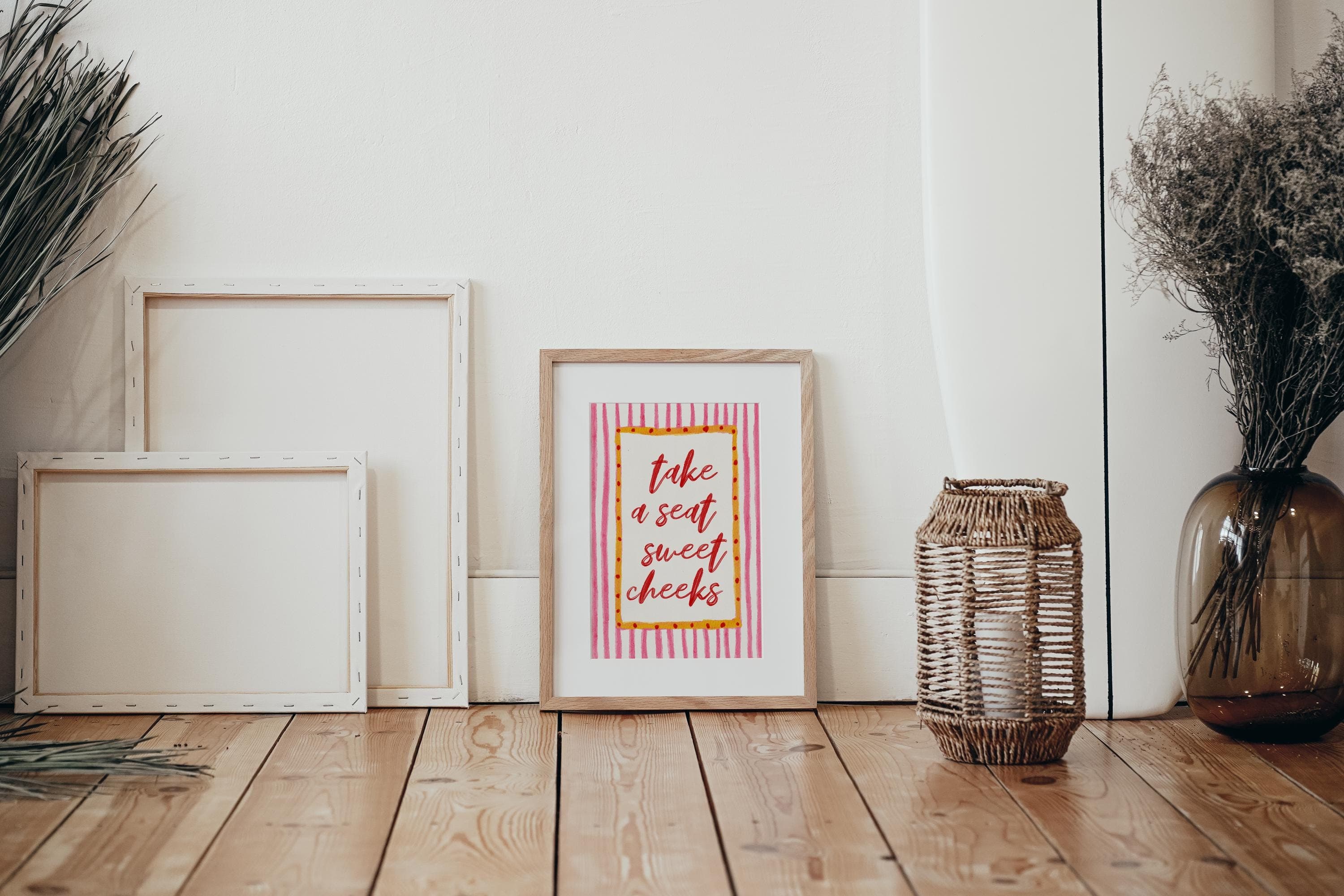 Sweet Cheeks Print Stylish Red Pink Stripes Funny Bathroom Wall Art - image 4