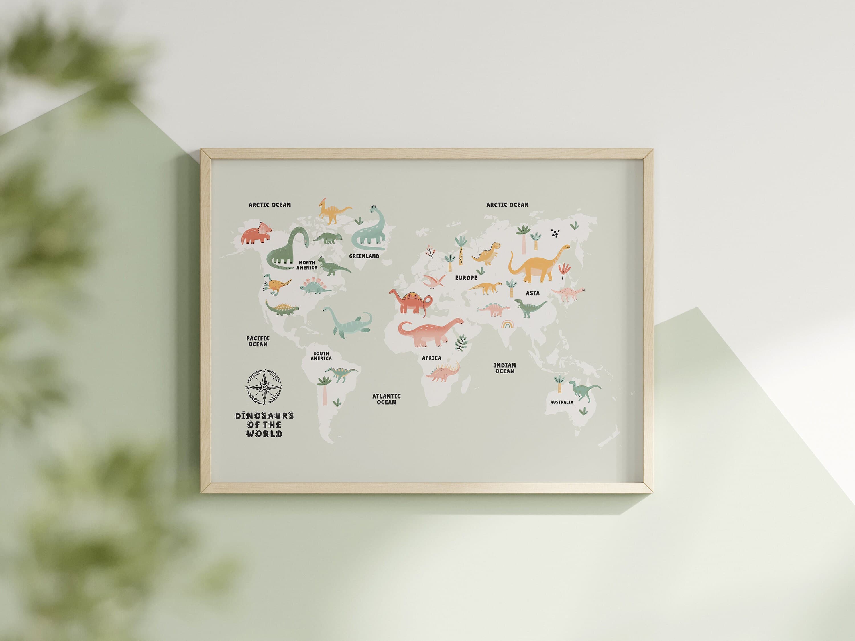 World Map Dinosaur Educational for Kids Room Green World Map Montessori Nursery Wall Art Printable