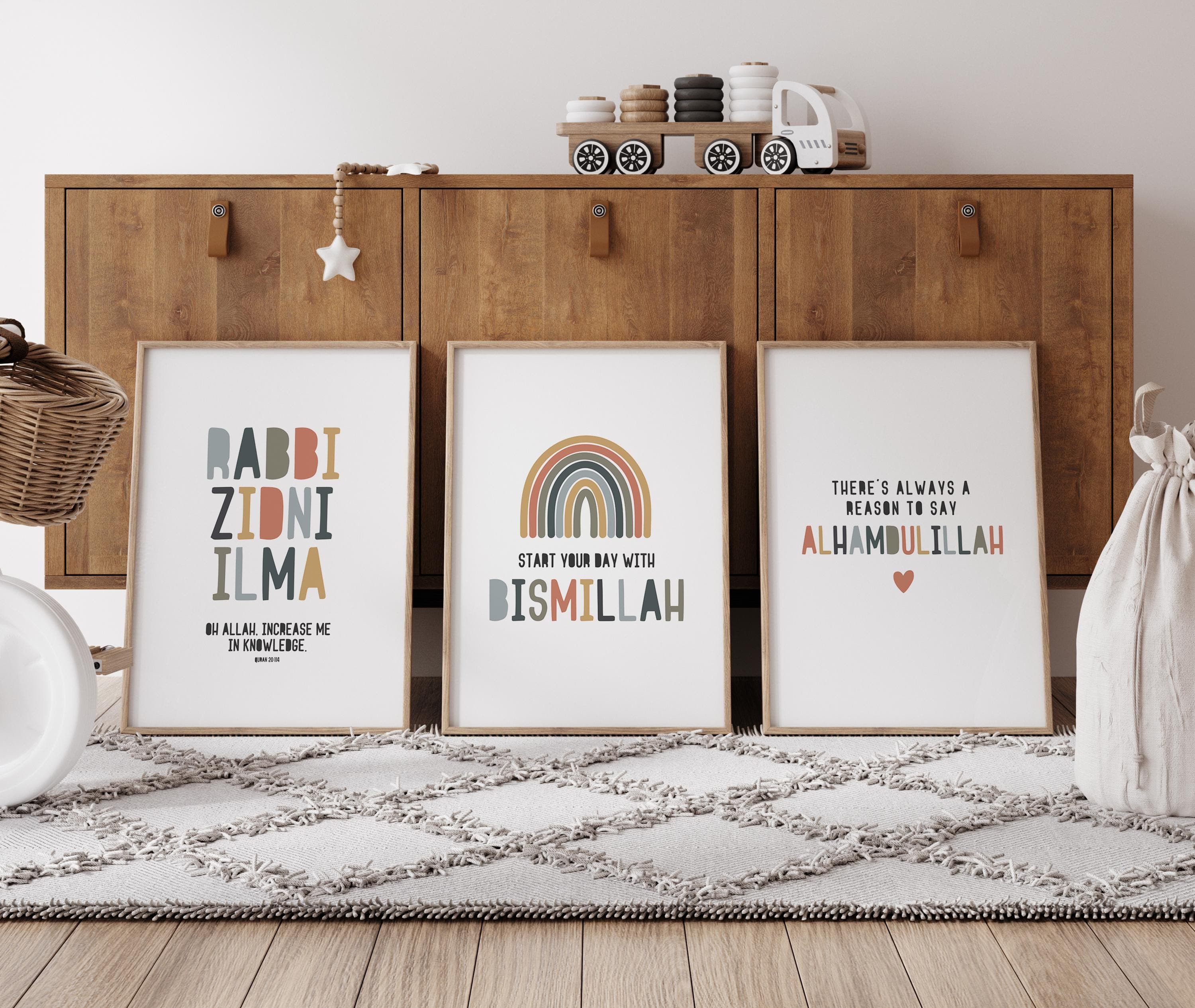 Islamic Kids Room Wall Art Set of 3 Quran Quotes for Muslim Kids Room Decor Boho Neutral Rainbow Colors Digital Art Set