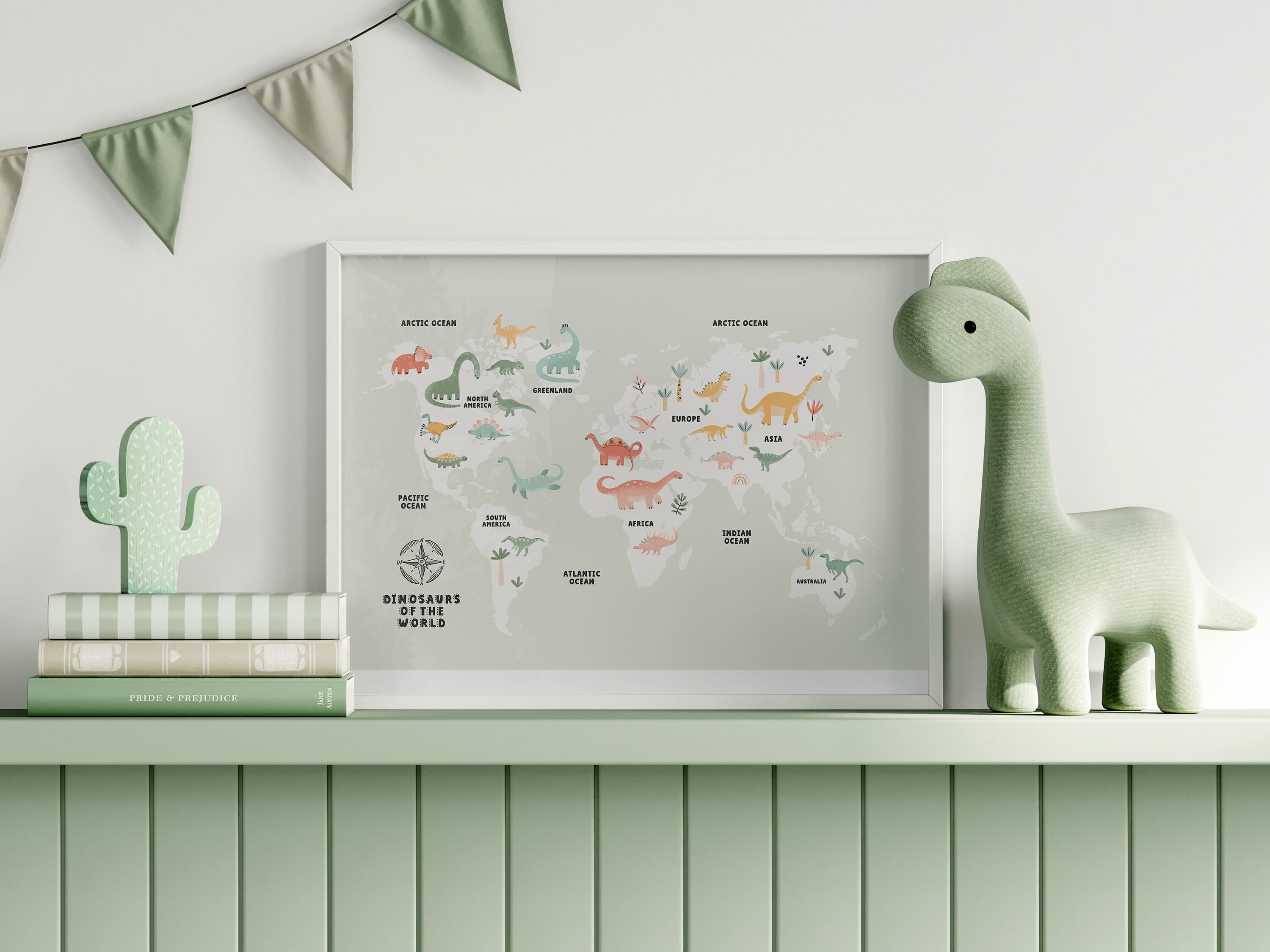 World Map Dinosaur Educational for Kids Room Green World Map Montessori Nursery Wall Art Printable - image 4