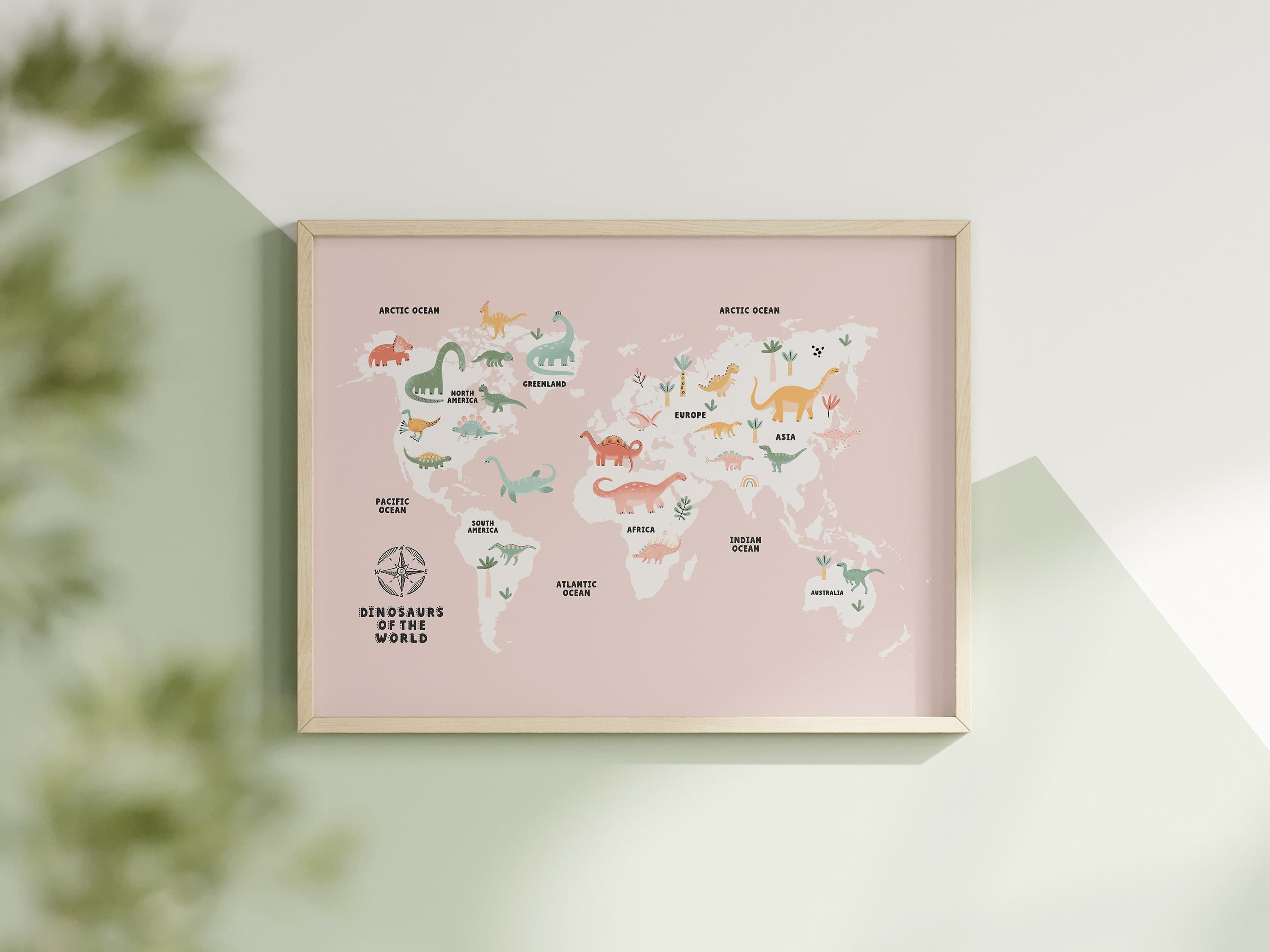 World Map Dinosaur Educational for Kids Room Pink World Map Montessori Nursery Wall Art Printable