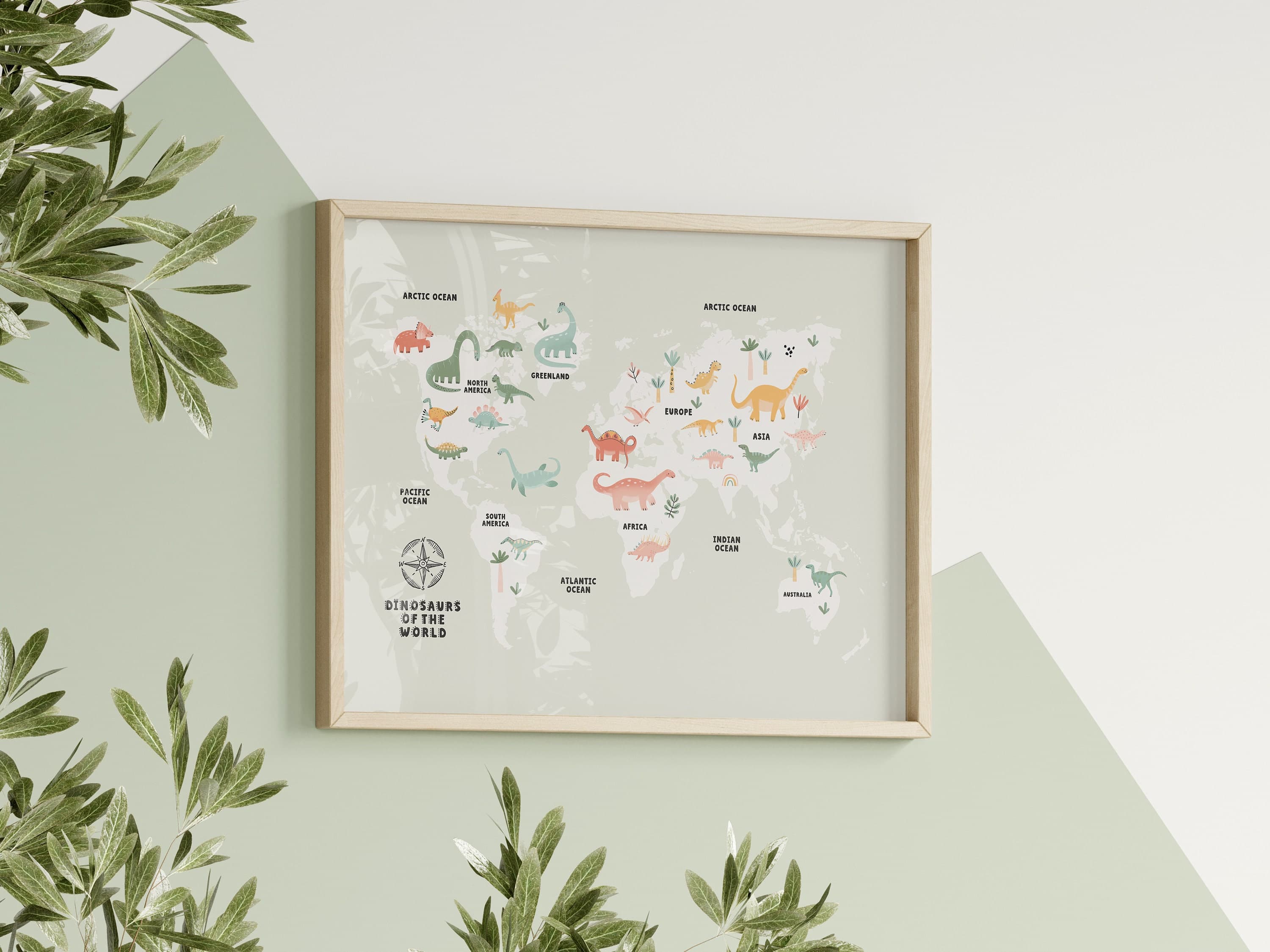 World Map Dinosaur Educational for Kids Room Green World Map Montessori Nursery Wall Art Printable - image 3