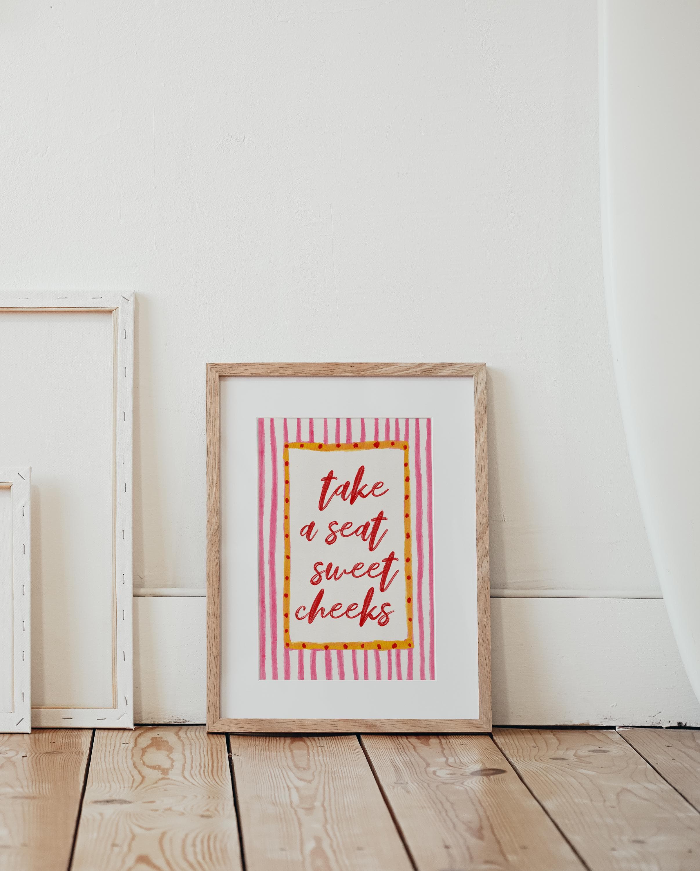 Sweet Cheeks Print Stylish Red Pink Stripes Funny Bathroom Wall Art - image 3