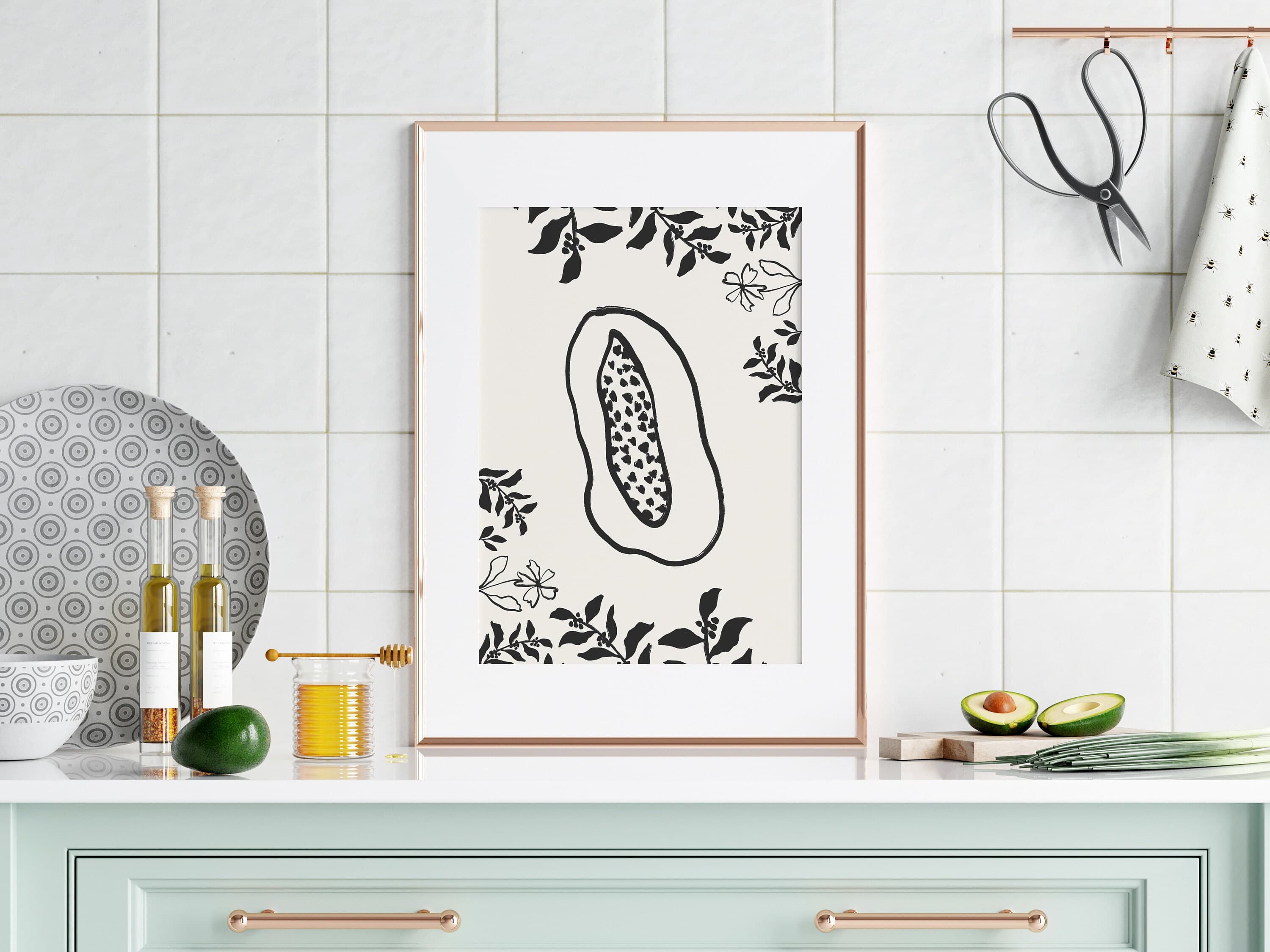 Papaya Print Kitchen Fruit Wall Art Abstract Decor Black Beige Modern Gallery - image 5