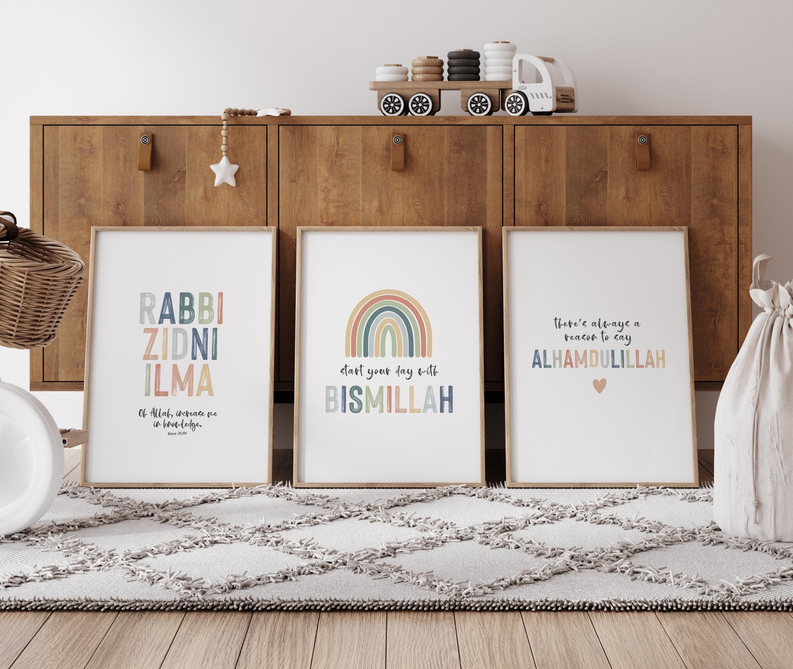 Islamic Kids Room Wall Art Set of 3 Quran Quotes for Muslim Kids Room Decor Rainbow Colors Digital Download