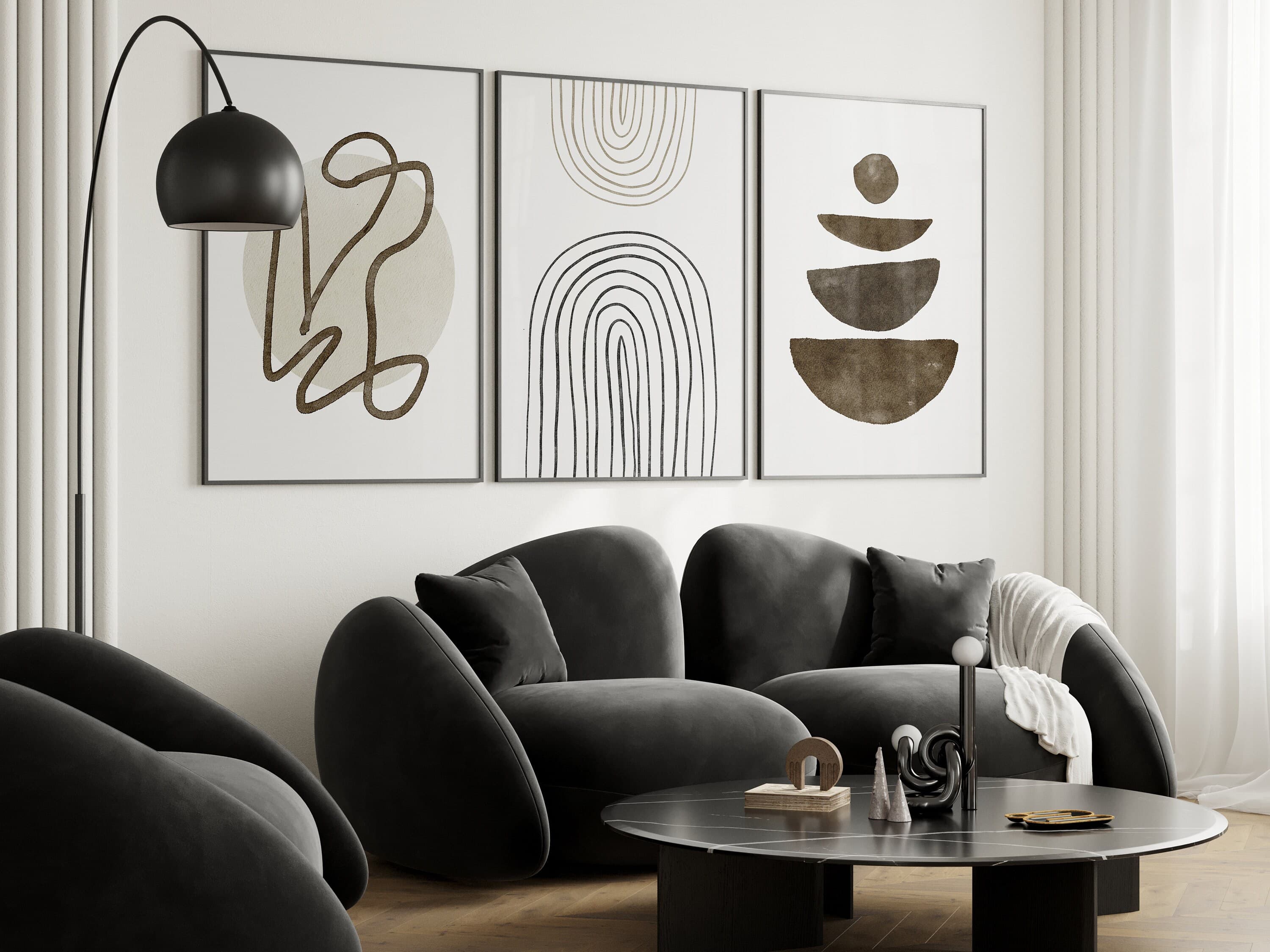 Minimalist Abstract Wall Set of 3 Mid Century Modern Art Print Living Room Wall Decor