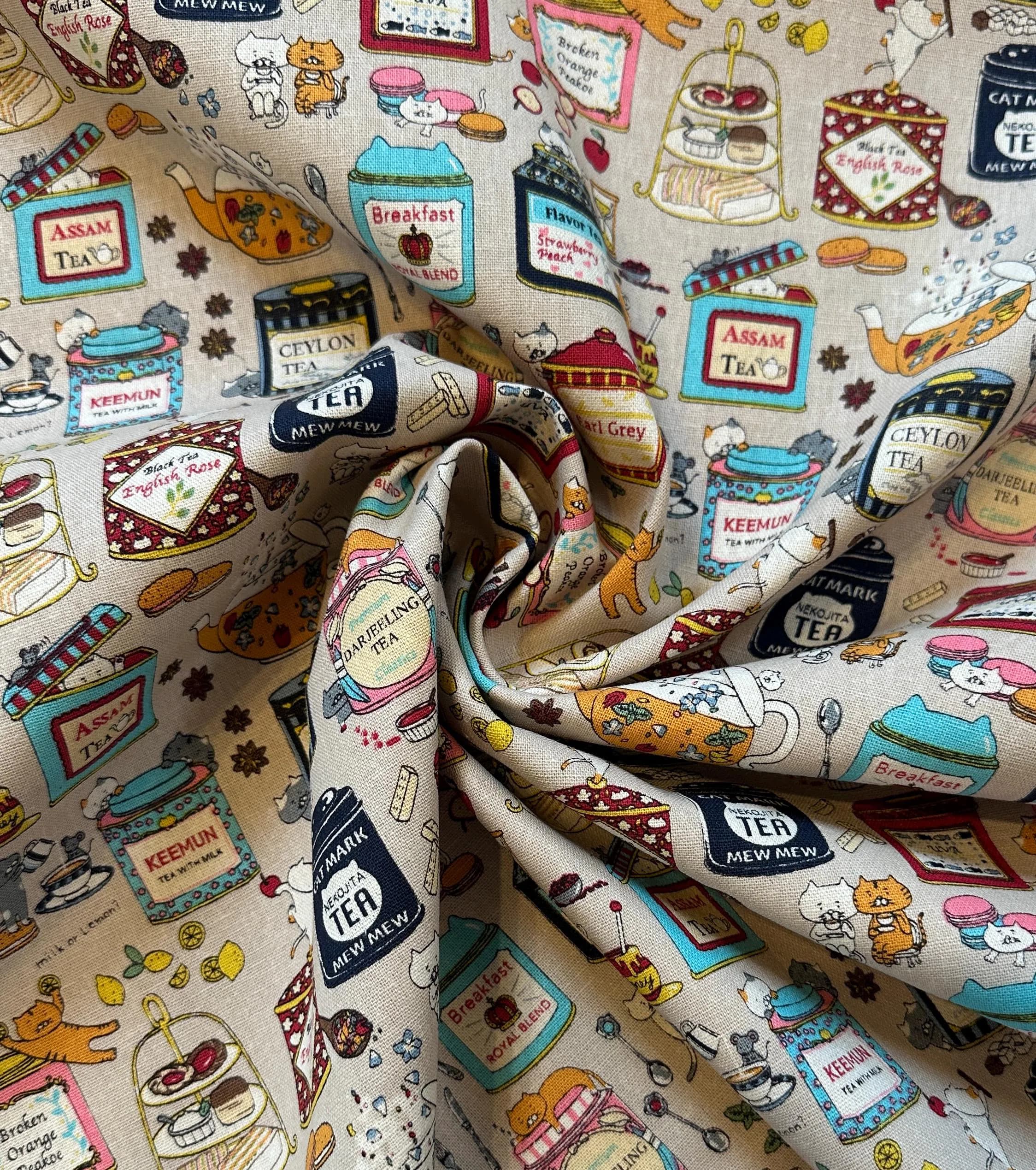 Project by Cotton, Japanese Cotton/Linen Canvas, Cats and Tea Fabric, By the Metre, Half Metre, Fat Quarter - image 5